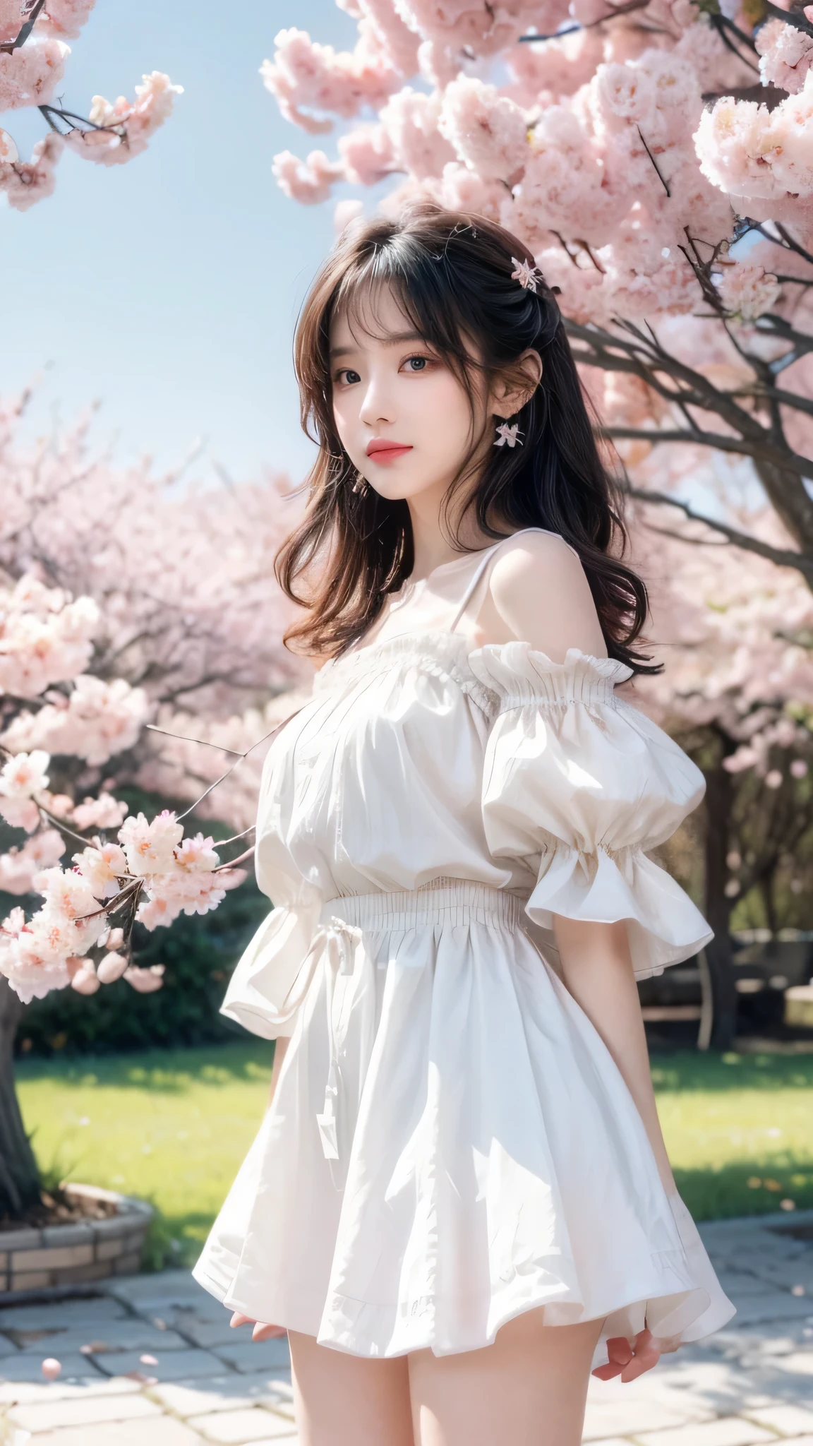 art by Cornflower, dream, cherry_开flower, come down_flower petals, flower petals, Branches, Pink_flower, 1 Girl,20 years old, blue_Sky, spring_(seasexist), flower petals_exist_liquid, flower, See you at flower, skirt, (Lexistg blexistd curly hair:1.5),Wearing a wreexisth,Sky, outdoor, cloud, Bangs, Smile, Pink_Eye, White skirt with cherry blossom embellishments, only_Shoulder, earrings, Keep_flower, Wind, Tree, Watching_exist_Viewer,Cowboy shooting,