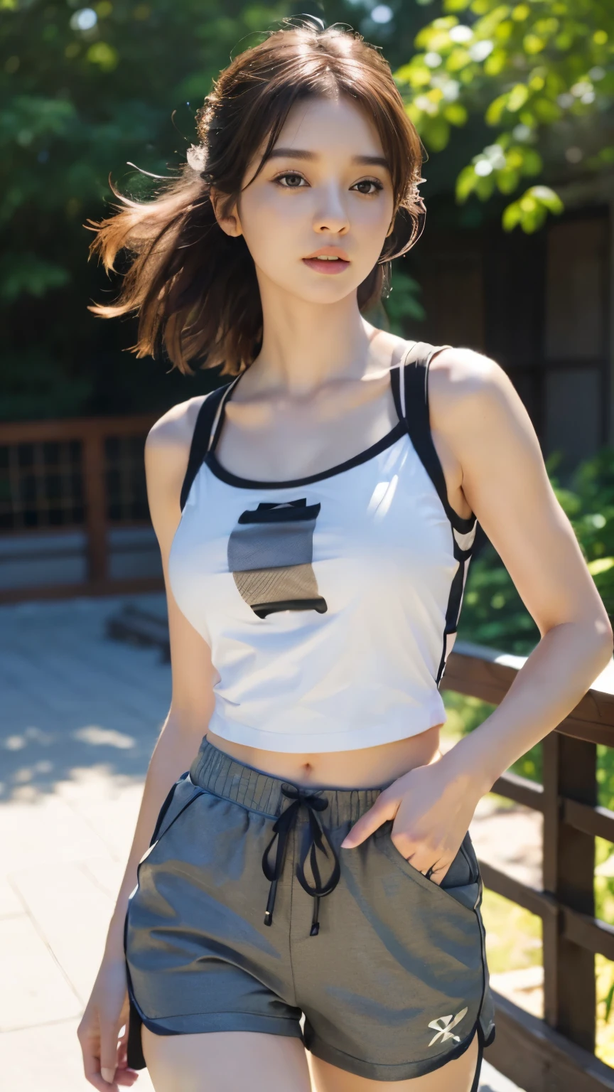 realistic, very detailed CG 통합 8K Dendenden 배경화면, Detail, High-quality RAW color photos, professional photography, (8K, raw photo, top quality), (realistic, realistic: 1.37), transcendent beauty, young and cute, mix, Glossy skin, big bust, (cleavage of breasts:1.2), (fair face:1.2), best quality, high resolution, hyper detail, very detailed, fancy, (strappy sleeveless painted t-shirt:1.3), (jogger pants shorts:1.2), (depth of field), (SamDoesArt1:0.4), (Style - Jogger short pants:0.6), light brown hair, hair blowing in the wind,