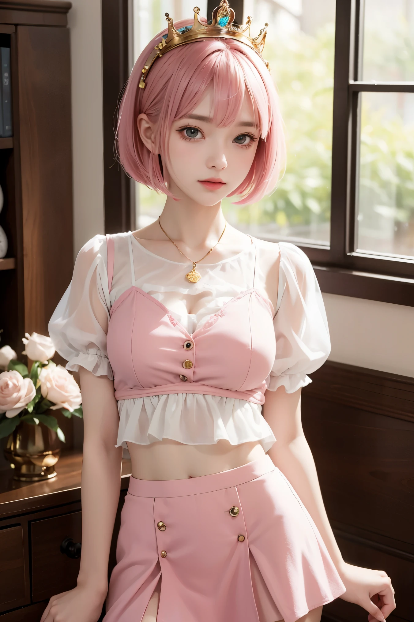 18 years old beautiful girl, masterpiece, best quality, 8K Animation, Detailed fingers, precise fingers, Not unnatural hands, illustration, 1 girl, Solitary, Pink Bob Hairstyle, golden crown, Flower Hair Accessories, Drooping eyes, Red mini skirt