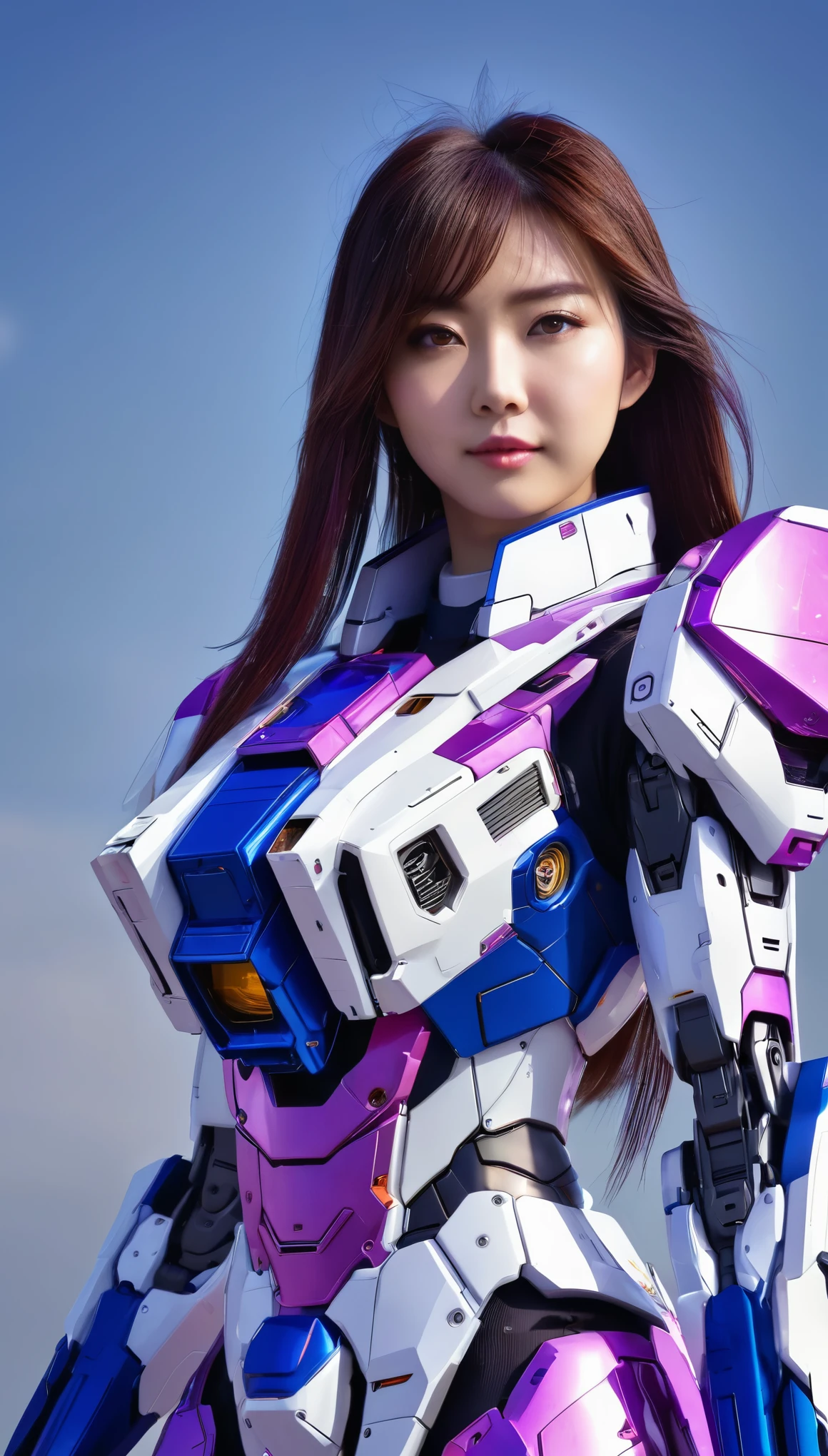 RAW, Masterpiece, Ultra Fine Photo,, Best Quality, Ultra High Resolution, Photorealistic, Sunlight, Full Body Portrait, Stunningly Beautiful,, Dynamic Poses, Delicate Face, wearing a mecha detector glass future transparent neon, Vibrant Eyes, a full body of a woman in a purple and white gundam custume, dybamic pose, long brown very very long hair rapunzel, girl in mecha cyber armor, portrait armored astronaut girl, d. va from overwatch, female mecha, on a gundam, gundam head, chiho aoshima color scheme, mobile suit, streamlined purple armor, fully robotic!! girl, realistic cosplay, gundam armor (dynamic pose) , full body, sit down, full body