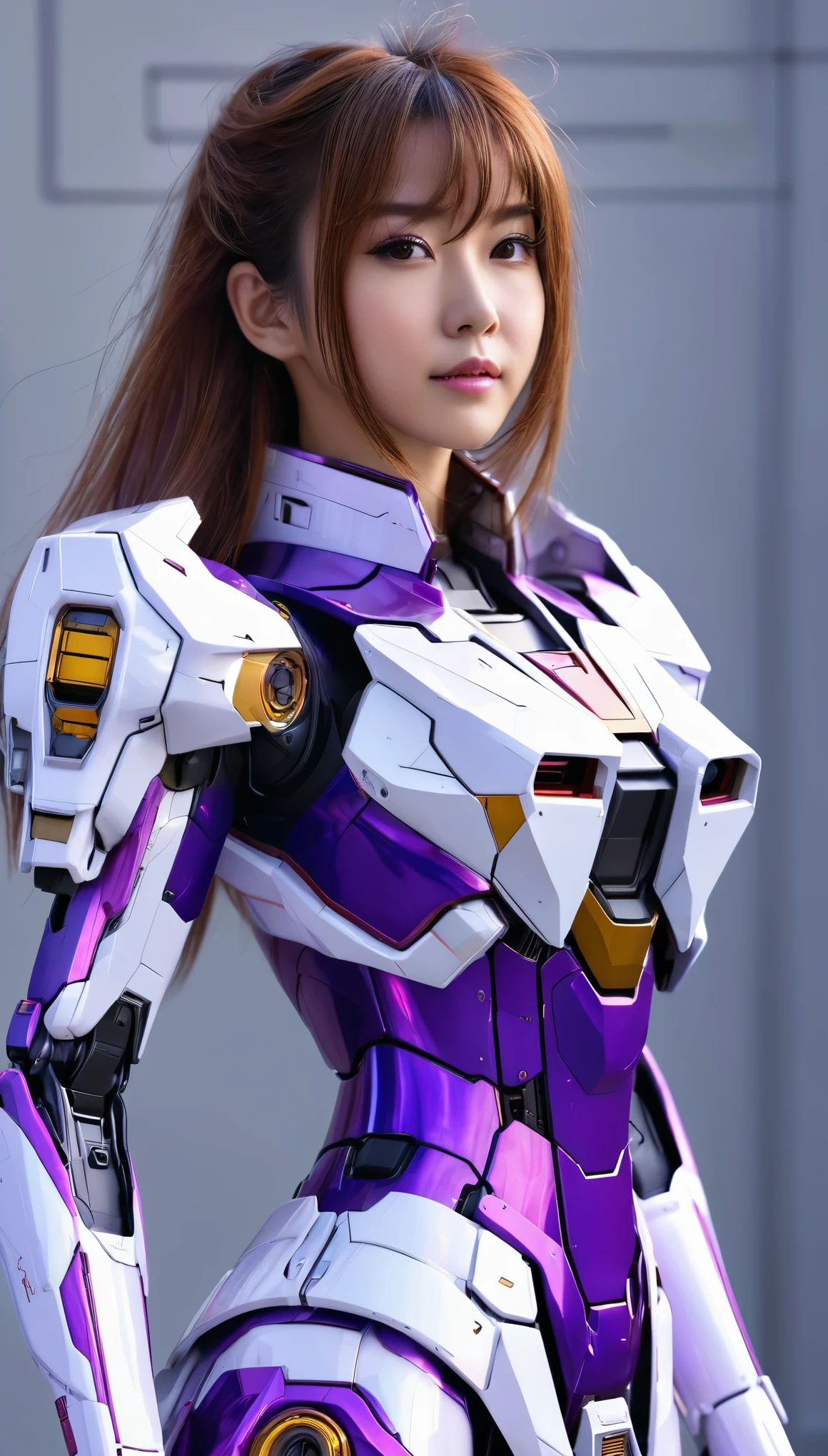 RAW, Masterpiece, Ultra Fine Photo,, Best Quality, Ultra High Resolution, Photorealistic, Sunlight, Full Body Portrait, Stunningly Beautiful,, Dynamic Poses, Delicate Face, wearing a mecha detector glass future transparent neon, Vibrant Eyes, a full body of a woman in a purple and white gundam custume, dybamic pose, long brown very very long hair rapunzel, girl in mecha cyber armor, portrait armored astronaut girl, d. va from overwatch, female mecha, on a gundam, gundam head, chiho aoshima color scheme, mobile suit, streamlined purple armor, fully robotic!! girl, realistic cosplay, gundam armor (dynamic pose) , full body, sit down, full body