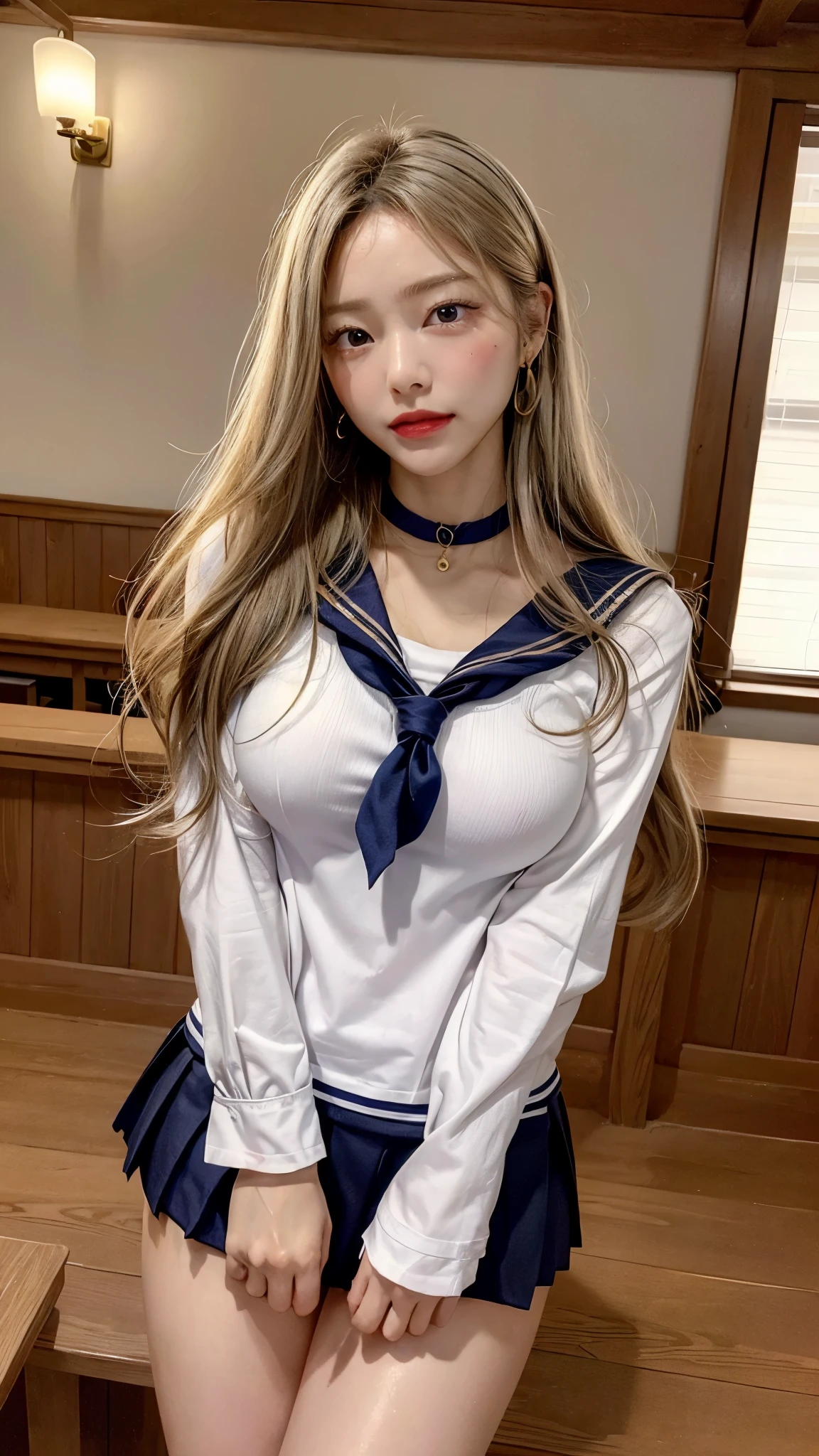 ((masterpiece:1.2、highest quality、Tmasterpiece))、1 female、alone、classroom、Day、(Korean Idols:1.2)、(Are standing:1.4)、blonde、(amount:1.4)、Wavy Hair、Medium Hair、Beautiful legs、break、(Sailor suit:1.4)、(Day焼けした肌:1.4)、(Big Breasts:1.2)、(Black Stockings)、Hoop Earrings、lipstick、Pleated mini skirt、Ring Choker、blush、smile、Covered breasts、(Thick lips:1.2)、Detailed body、Ultra-detailed painting, Luminism、4K resolution、3D Rendering、Exquisitely crafted , Cinematic、Realistic、Hit definition、Abstract Beauty、Approaching perfection, Pure Form, Golden Ratio