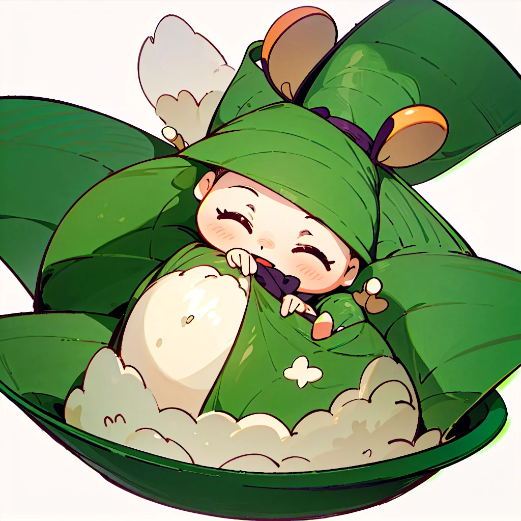 (a small doll with a green triangular hat), (sitting inside a large bowl), cute 3 d render, cute detailed digital art, cute digital art, cute cartoon character, adorable digital painting, cute! c4d, cute character, pop japonisme 3D, (white background), ultra detailed, by Yu Zhiding, 3d model of a japanese mascot, nendoroid 3d, cute forest creature
