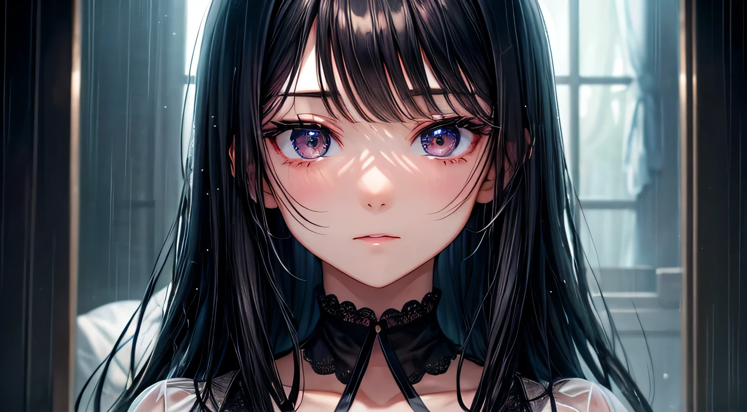 Inside the room　Outside the window it&#39;s raining　woman　Black Hair　midnight　Cute Face　Detailed facial expression depiction　Detailed facial depiction　Detailed eye depiction　Detailed hair depiction　Detailed depiction of clothing　rain