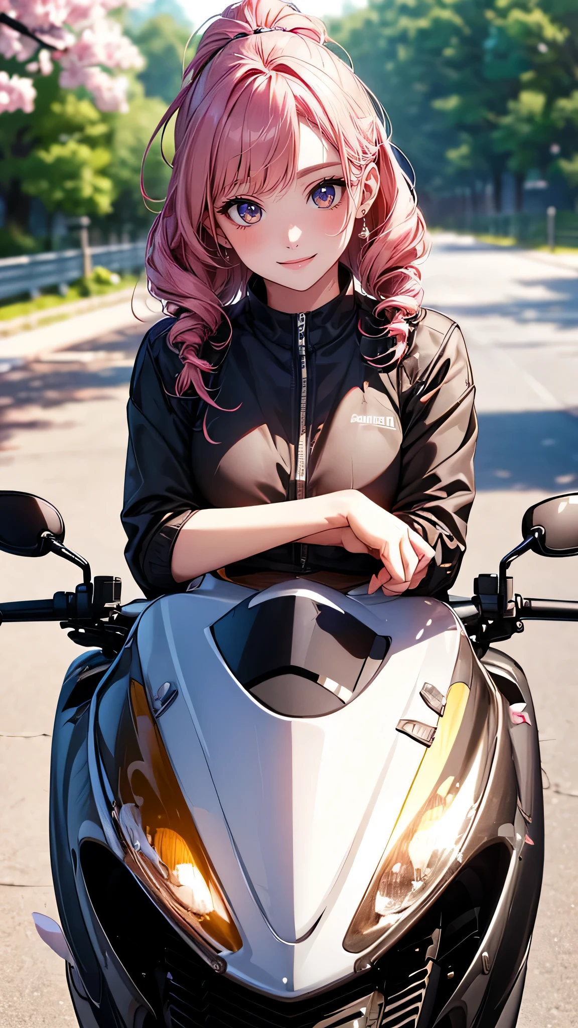 (girl riding a motorcycle:1.2),A park where cherry blossoms dance,high school girl,(random cute pose),(random hairstyle),(Highest image quality,(8K), Ultra-realistic, Best Quality, High quality, High Definition, high quality texture, high detailing, Beautiful detailed, fine detailed, extremely details CG, Detailed texture, realistic representation of face, masterpiece, presence)