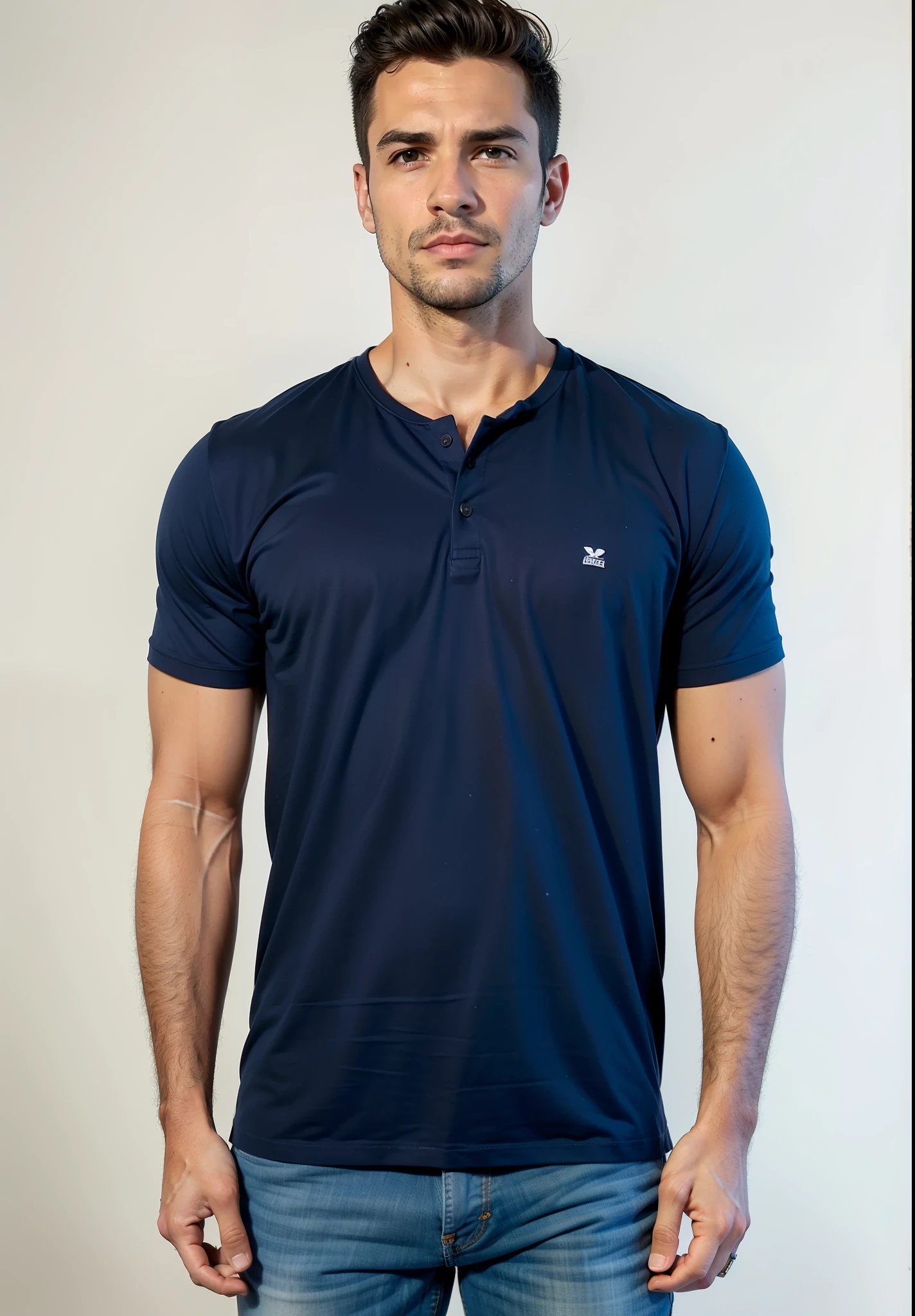 a man in a blue shirt and jeans stands with his hands in his pockets, Manga curta, azul-marinho, azul-marinho, camisa azul marinho, sport camiseta, wearing a camiseta, camiseta azul justa, camiseta, camiseta, wearing a dark blue polo shirt, camisa azul escura, em fundo cinza, foto do produto, Solid color