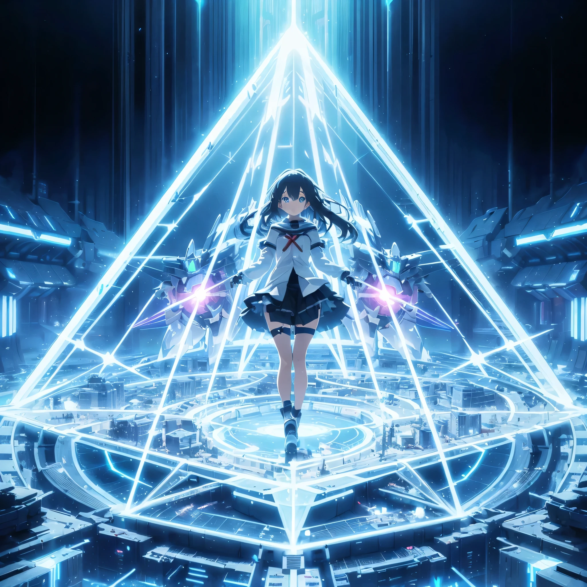 An anime-style illustration of a girl surrounded by a giant triangular pyramid-shaped beam shield. The beam shield is radiated by a beam generator from each corner. Made by FuturEvoLab, (X-ray style: 1.5), Detailed explanation, (Mecha flare type skirt: 1.5), This is a scene that captures the girl's movements. Aerial battles and performances dynamically composed of movement and intensity. A movie about a girl surrounded by futuristic mechs, other-dimensional cyberpunk, glowing core reactors, etheric energy fields, bright colors, intricate details, and a pyramid-shaped beam shield.What are the colors of the beam shield? Red, with a beam generator at each vertex, the beam shield emits particulate light,