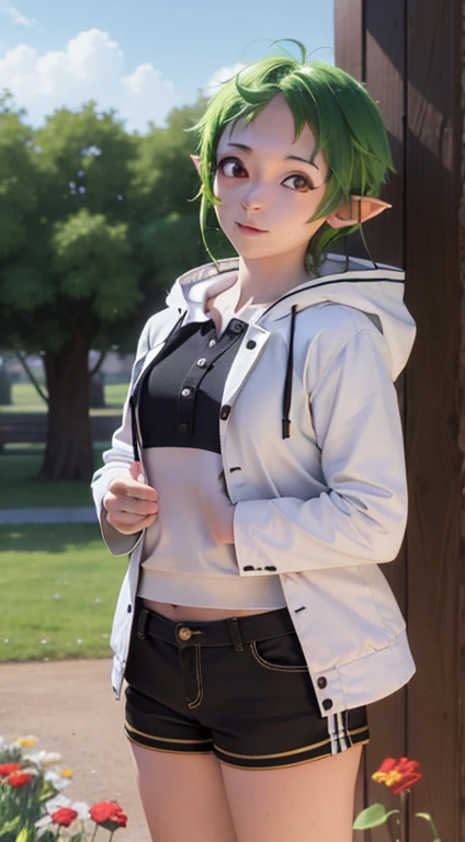 sylphiette, sylphiette, ahoge, elf, forehead, green hair, pointy ears, (red eyes:1.5), medium breast,short hair,
BREAK hood, hooded jacket, jacket, shirt, short shorts, shorts, white jacket,
BREAK looking at viewer,
BREAK outdoors, castle, garden,
BREAK (masterpiece:1.2), best quality, high resolution, unity 8k wallpaper, (illustration:0.8), (beautiful detailed eyes:1.6), extremely detailed face, perfect lighting, extremely detailed CG, (perfect hands, perfect anatomy),