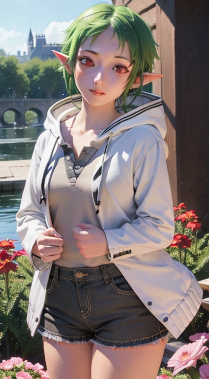 sylphiette, sylphiette, ahoge, elf, forehead, green hair, pointy ears, (red eyes:1.5), medium breast,short hair,
BREAK hood, hooded jacket, jacket, shirt, short shorts, shorts, white jacket,
BREAK looking at viewer,
BREAK outdoors, castle, garden,
BREAK (masterpiece:1.2), best quality, high resolution, unity 8k wallpaper, (illustration:0.8), (beautiful detailed eyes:1.6), extremely detailed face, perfect lighting, extremely detailed CG, (perfect hands, perfect anatomy),