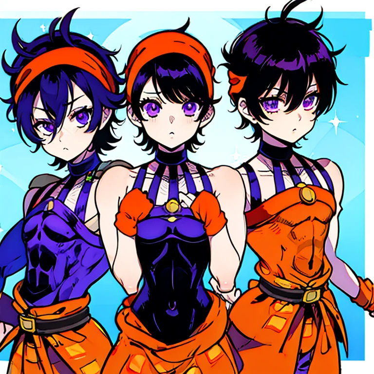 No muscle、boy、Slim body、Anatomically correct、Eyebrows、Narancha、Purple Eyes、orange,short hair,iris,Black Hair,A light smile, choker,Wristband,head band,belt,,Wristband,Under the pants,長いorange色のチェック柄サロン, (masterpiece:1.2),(highest quality:1.2),pixiv