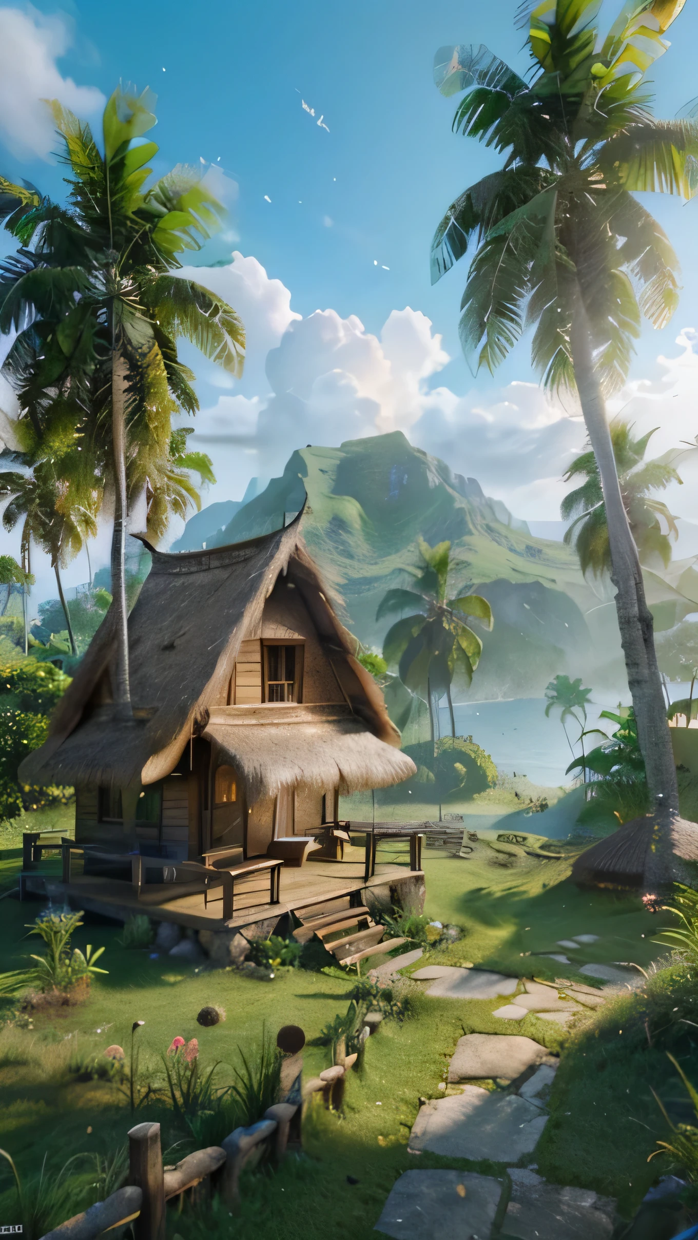 there is a small hut with a thatched roof on a grassy hill, beautiful render of a landscape, villages ， unreal engine, 4k highly detailed digital art, realistic fantasy render, photorealistic landscape, tropical landscape, tropical location, beautiful 3d render, 4k hd matte digital painting, beautiful digital artwork, beautiful 3 d concept art, very realistic 3 d render