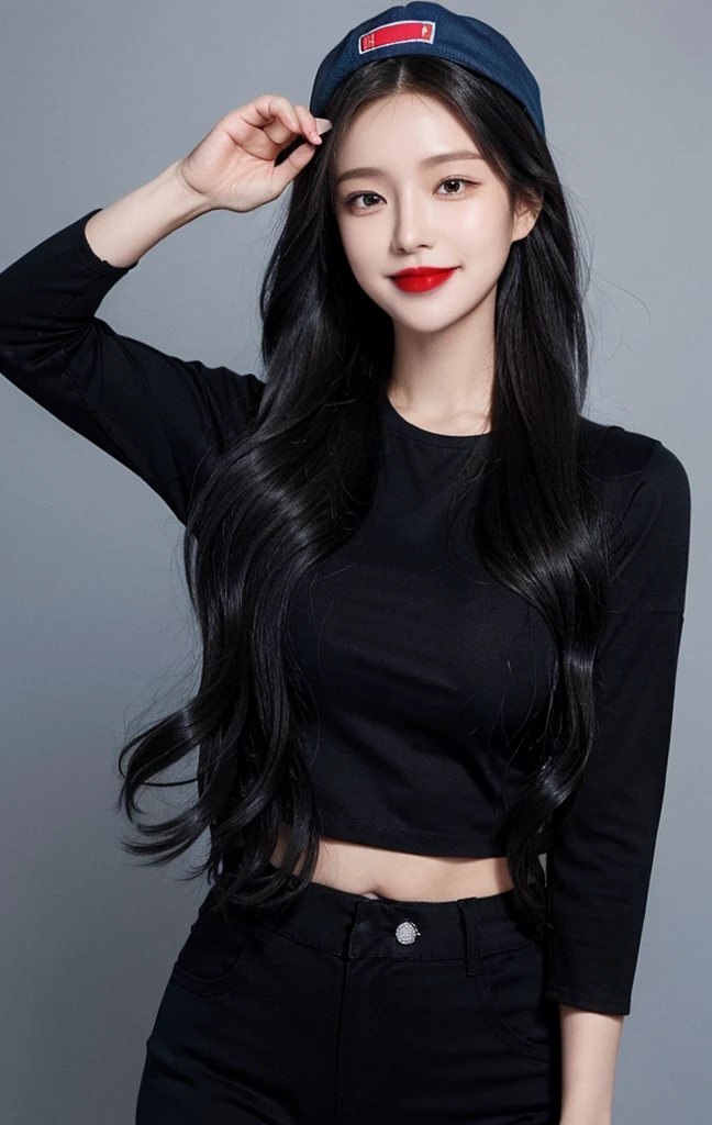 1woman, long hair, black hair, red lipstick, smile, blue cap in head, blue normal t-shirt, black jeans pant suit, 