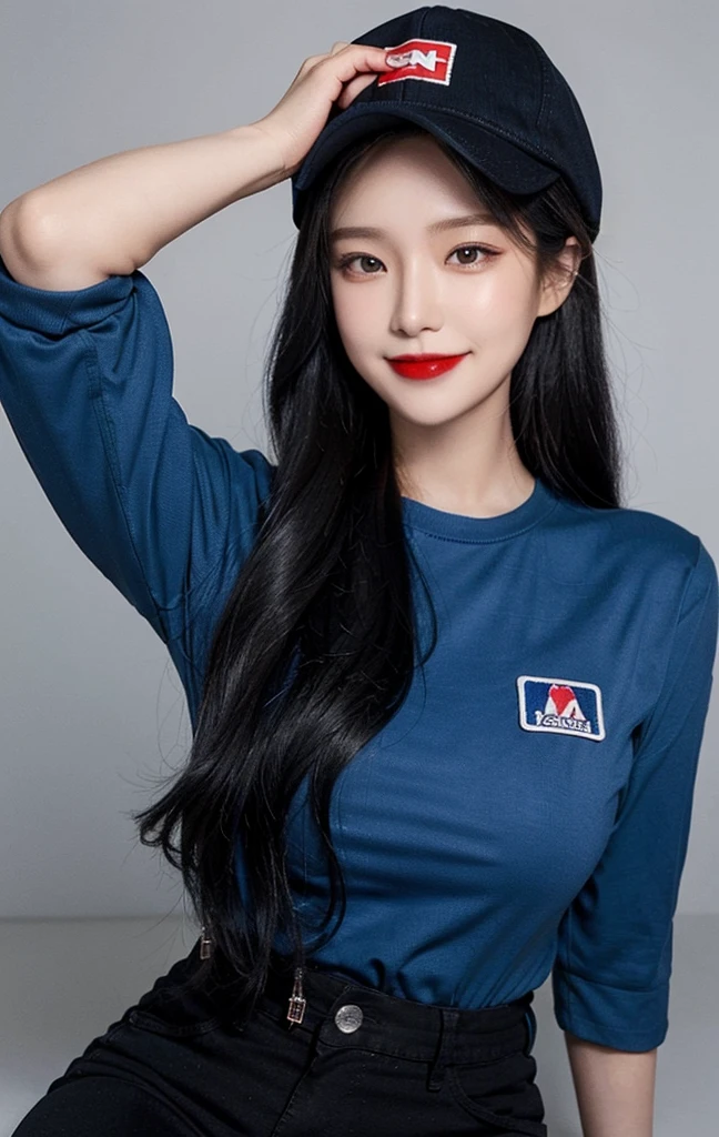 1woman, long hair, black hair, red lipstick, smile, blue cap in head, blue normal t-shirt, black jeans pant suit, 