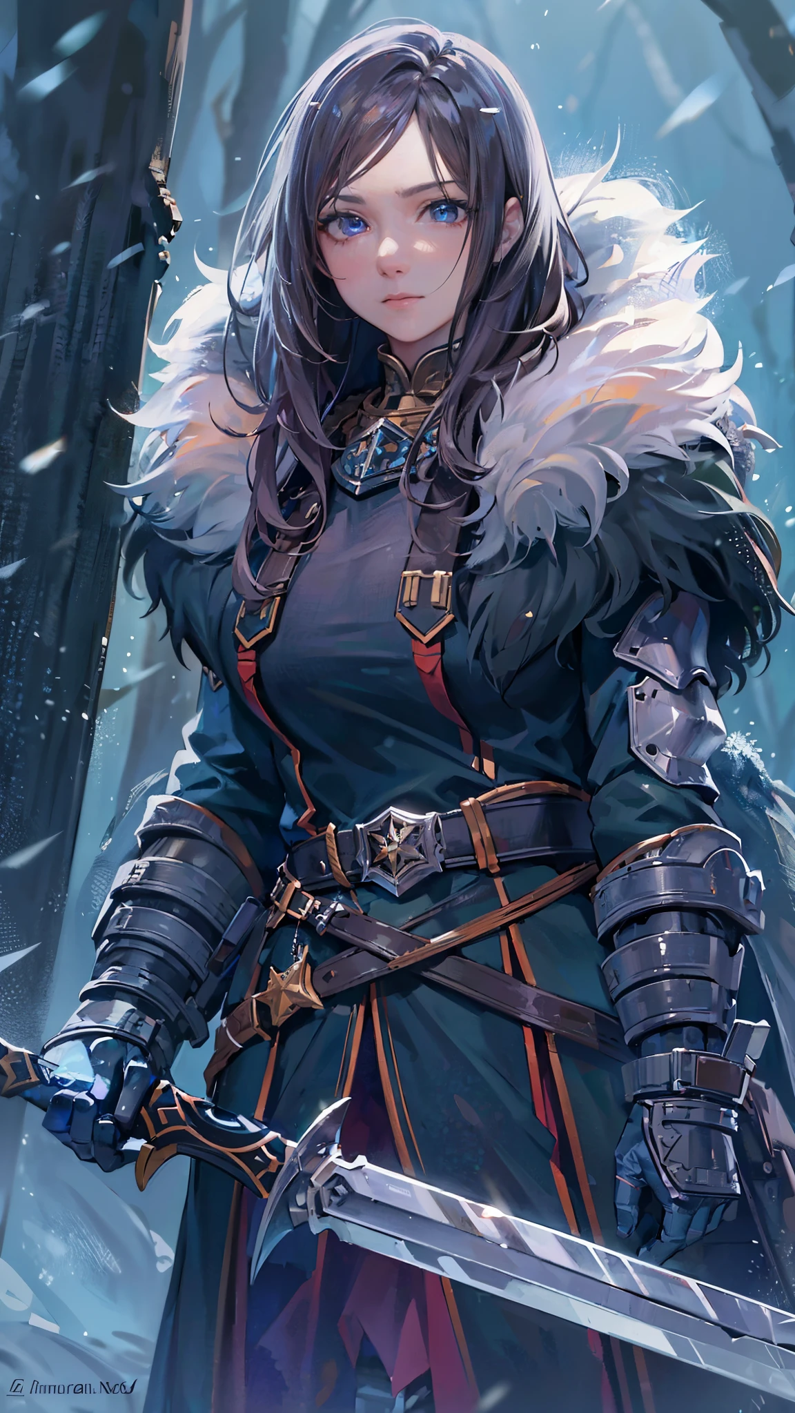 (best quality,4k,highres),(realistic,physically-based rendering),a girl,armor:simple,winter,fur,holding a sword,serious expression,vivid colors,portrait,sharp focus,studio lighting,detail of the eyes,metal texture,cold environment,forest background,falling snow,smoke effect