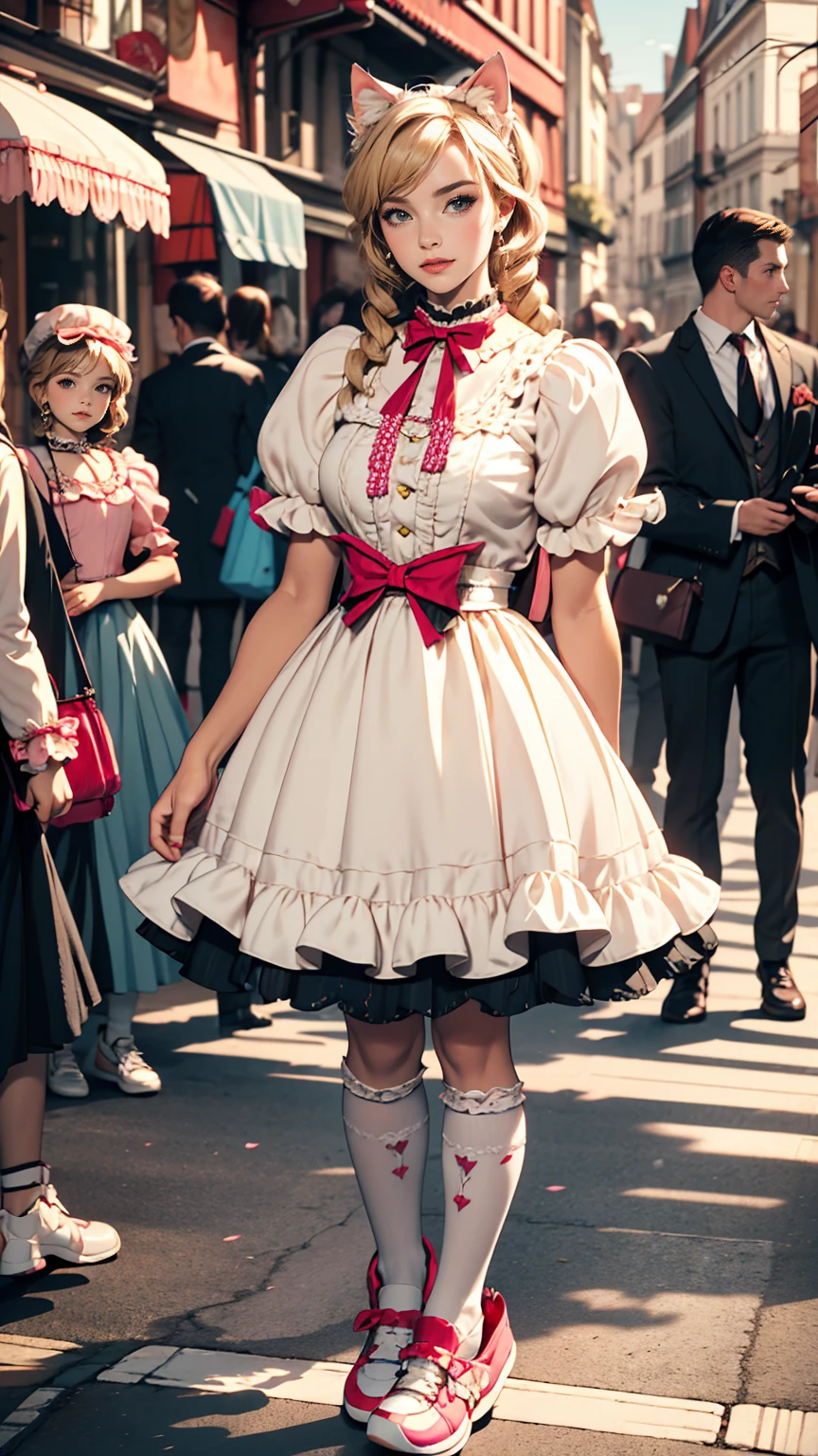 Amazing details, 8K Photos, Hyperrealism, professional lights, Realistic Background, Visual depth, Background blur, Wide-angle lens, whole body, (13 years old, cute, change, Flat Chest, Cat ear), One girl, Colored eyes, Blonde, (Lolita fashion: 1.5), (race, Frilled shirt, White petticoat, sneakers), (stuffed toy), pink cute backpack, street, fashion