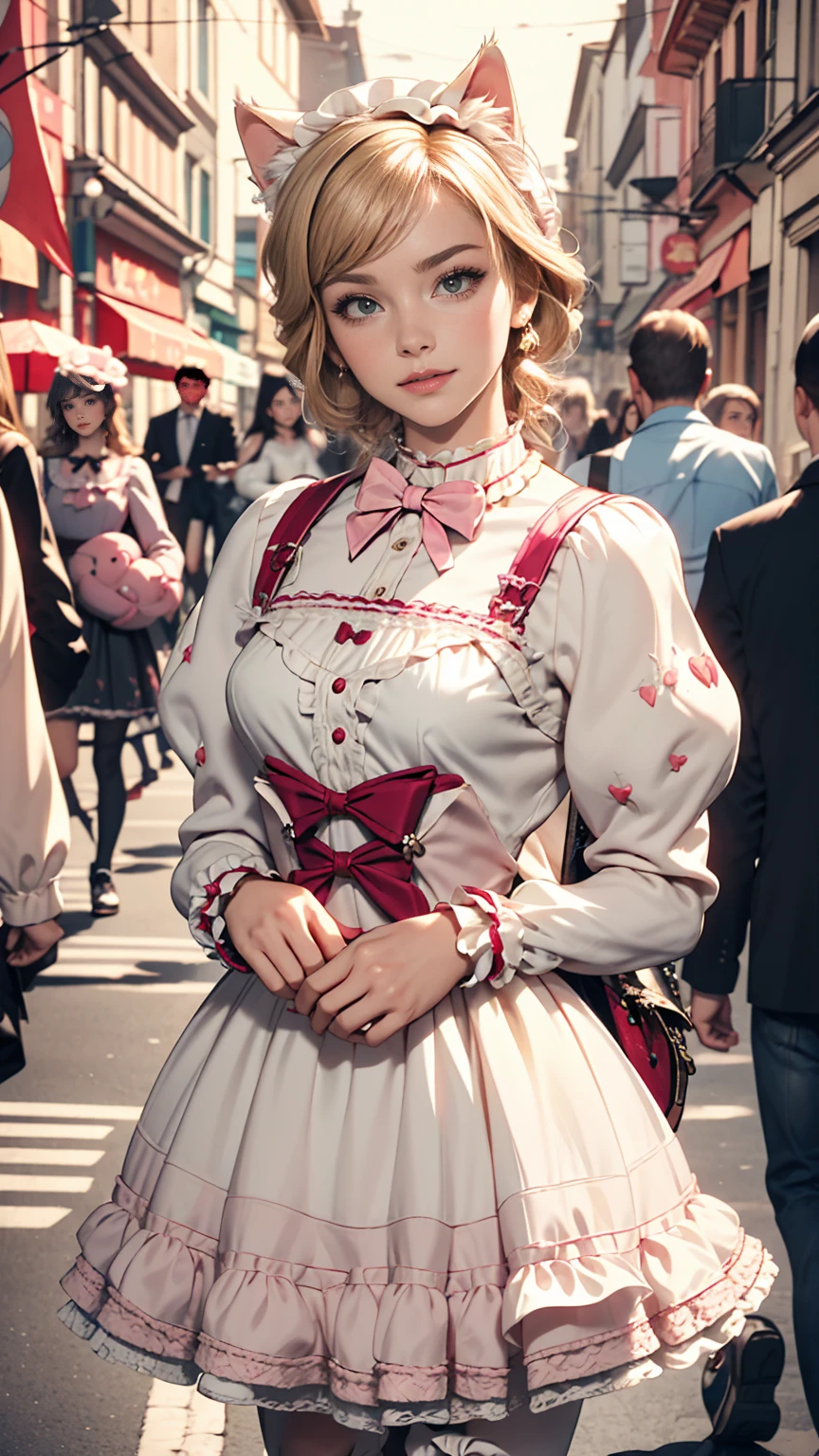 Amazing details, 8K Photos, Hyperrealism, professional lights, Realistic Background, Visual depth, Background blur, Wide-angle lens, whole body, (, cute, change, Flat Chest, Cat ear), One girl, Colored eyes, Blonde, (Lolita fashi1.5), (race, Frilled shirt, White petticoat, sneakers), (stuffed toy), pink cute backpack, street, fashion