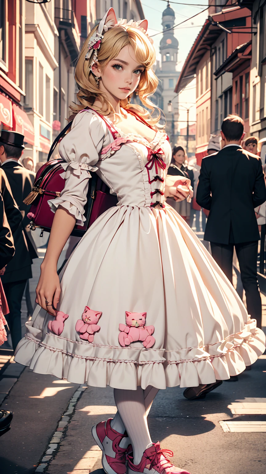 Amazing details, 8K Photos, Hyperrealism, professional lights, Realistic Background, Visual depth, Background blur, Wide-angle lens, whole body, (, cute, change, Flat Chest, Cat ear), One girl, Colored eyes, Blonde, (Lolita fashi1.5), (race, Frilled shirt, White petticoat, sneakers), (stuffed toy), pink cute backpack, street, fashion