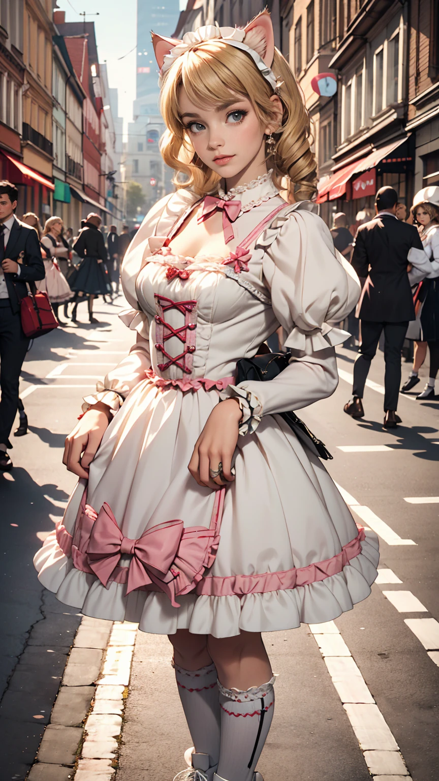Amazing details, 8K Photos, Hyperrealism, professional lights, Realistic Background, Visual depth, Background blur, Wide-angle lens, whole body, (13 years old, cute, change, Flat Chest, Cat ear), One girl, Colored eyes, Blonde, (Lolita fashion: 1.5), (race, Frilled shirt, White petticoat, sneakers), (stuffed toy), pink cute backpack, street, fashion