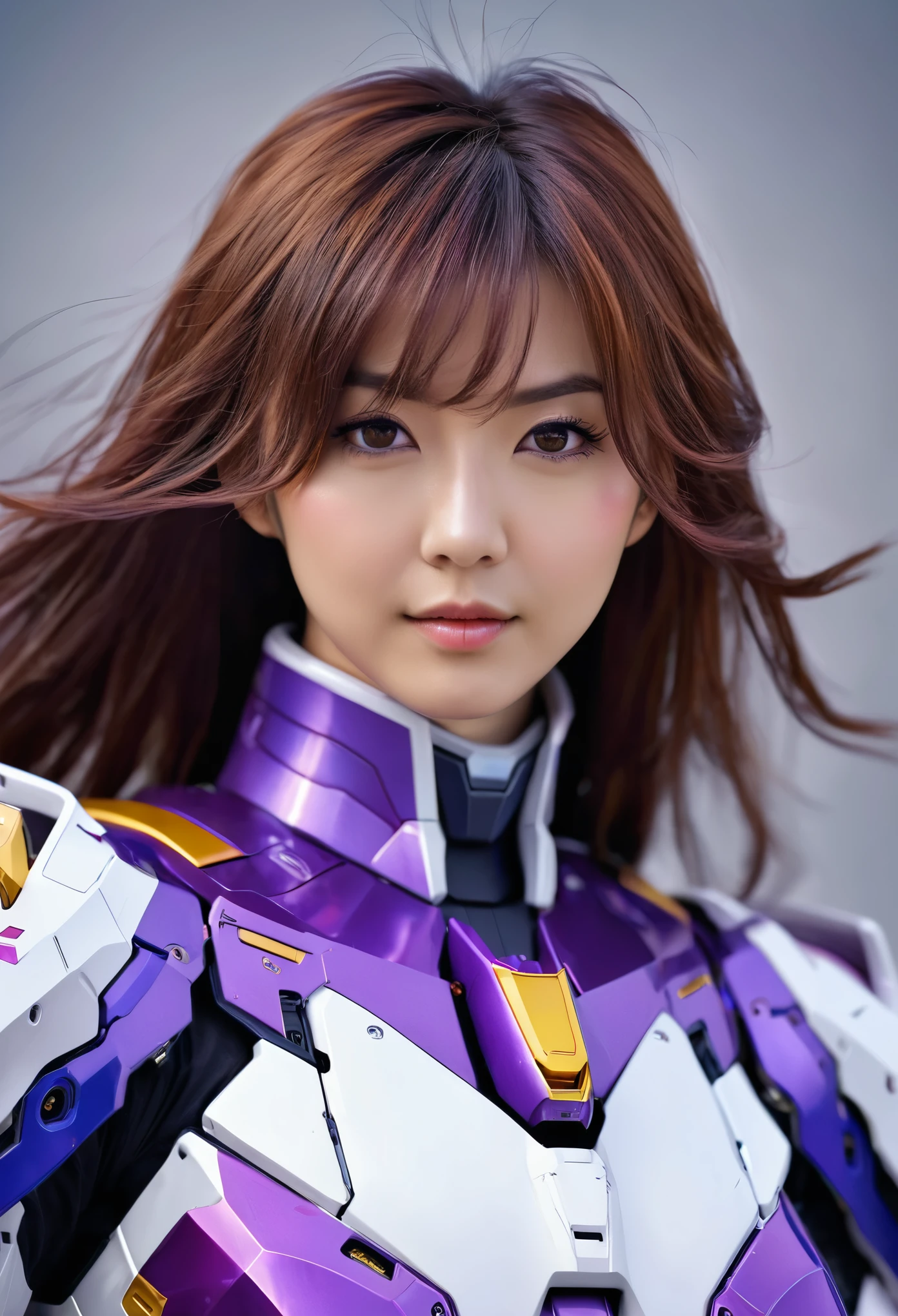 RAW, Masterpiece, Ultra Fine Photo,, Best Quality, Ultra High Resolution, Photorealistic, Sunlight, Full Body Portrait, Stunningly Beautiful,, Dynamic Poses, Delicate Face, Vibrant Eyes, a full body of a woman in a purple and white gundam custume, dybamic pose, long brown very very long hair rapunzel, girl in mecha cyber armor, portrait armored astronaut girl, d. va from overwatch, female mecha, on a gundam, gundam head, chiho aoshima color scheme, mobile suit, streamlined purple armor, fully robotic!! girl, realistic cosplay, gundam armor (dynamic pose) (best cameraview), full body, sit down, full body