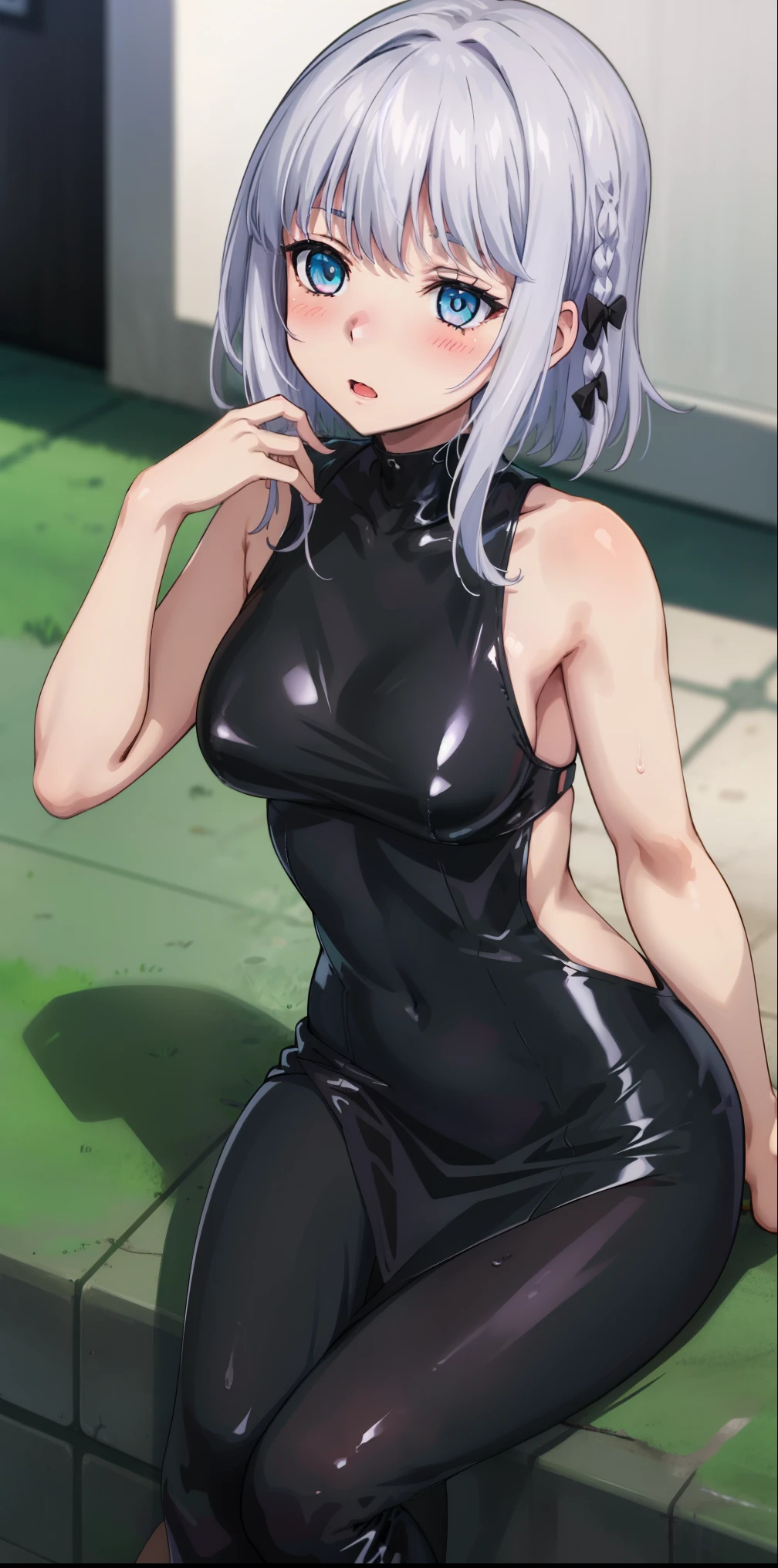 1 girl, kanon kanase, , blush, medium breasts, sleeveless, (black latex dress), sitting.