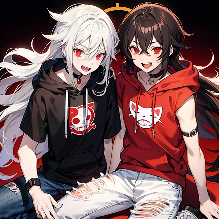 One Anime boy with medium-long, curly brown hair, a white mask with teeth that only shows his red eyes and a black choker, he wears ripped jeans and a red hooded sweatshirt with a smiley face drawn on it.