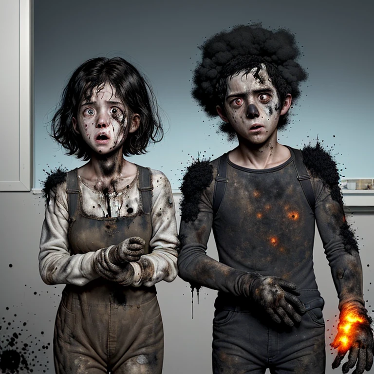 An explosion occurred during a scientific experiment gone wrong.、A slapstick comedy about a boy and girl covered in soot and in tatters..