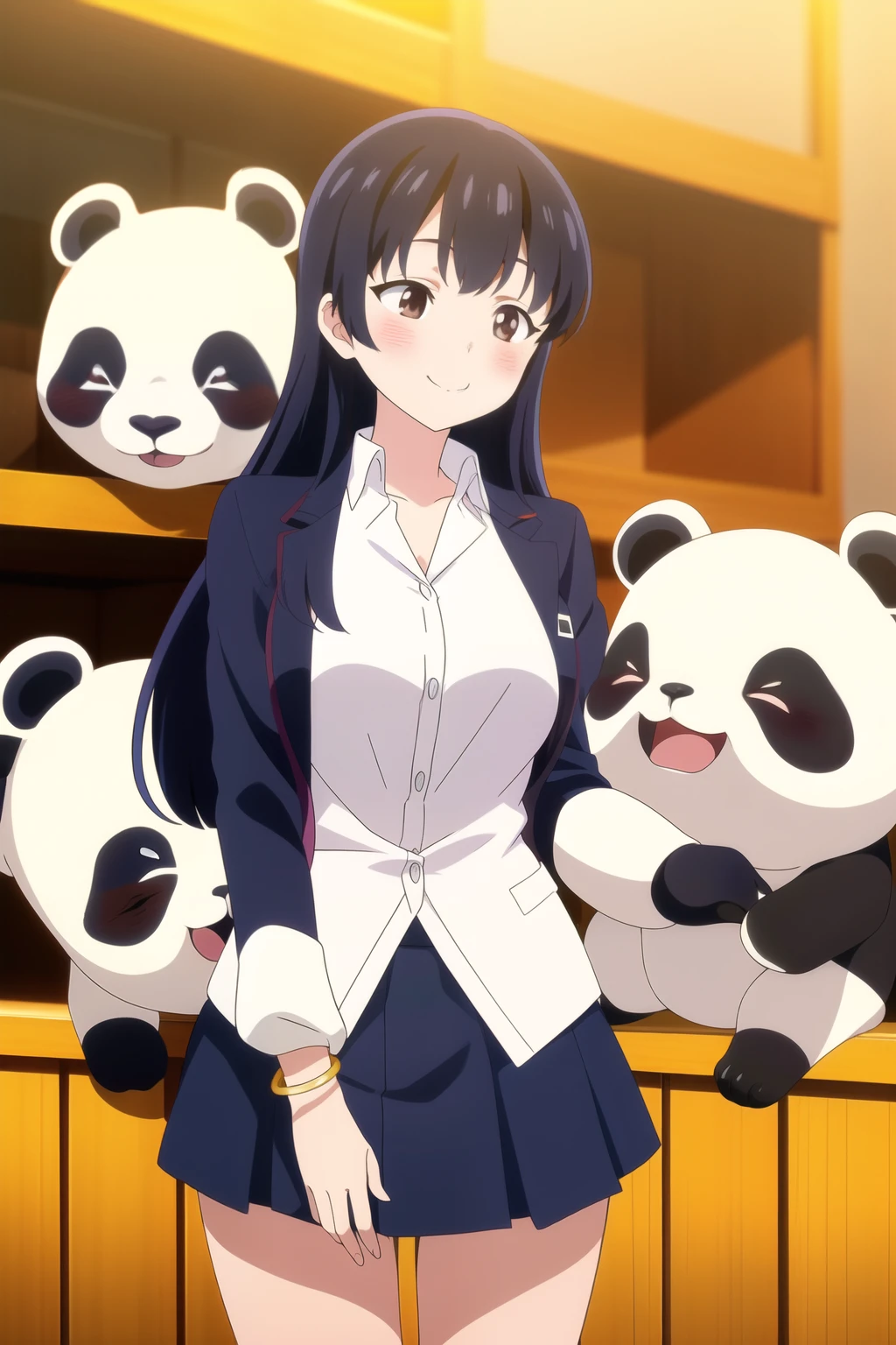 masterpiece, highest quality, anime, Highly detailed background, Perfect lighting, (beautiful, highest quality:1.1),
Anna_Yamada, Long Hair, Black Hair, Brown eyes,
 blush, bangs, Close your mouth, Jacket, White shirt, collared shirt dutch angle,fine,Uniform skirt,smilingly,bracelet,Panda,1Panda,Pandaが***のそばいる,YamadaとPanda,Black eyes big,(Breasts a little bigger:0.7),