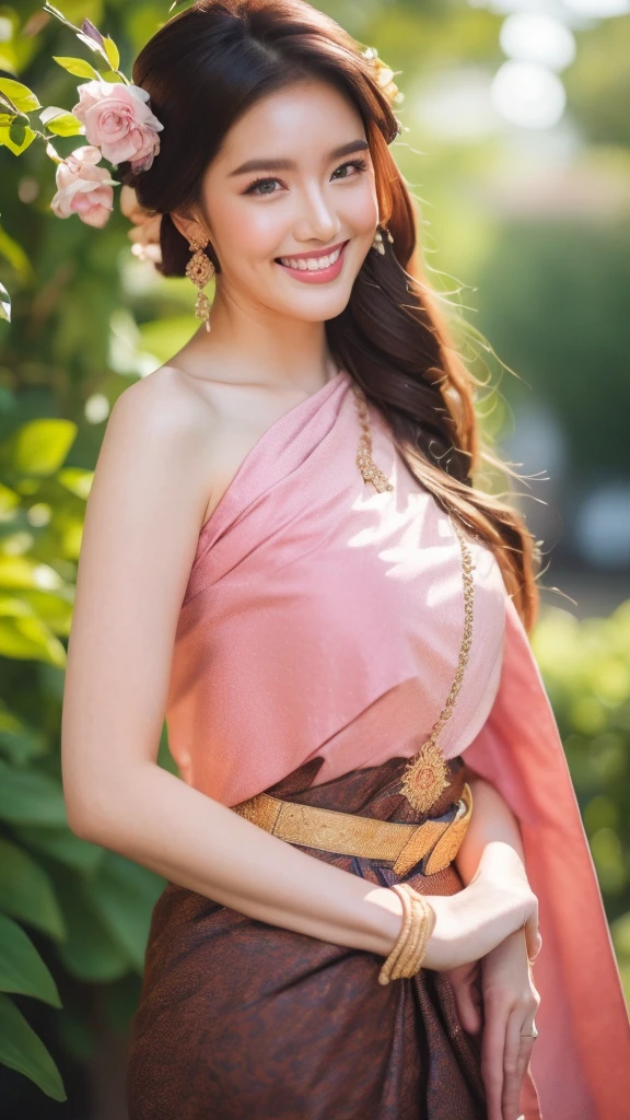 best quality : 1 woman , Thai girl in traditional Thai dress, bright pink and purple, complex pattern, Highly detailed, Beautiful smile,Look up at the audience., beautiful girl's body,The face is beautiful., Sharp and realistic., big, หน้าอกสวยbigโต, Hip fart, Wear luxurious diamond jewelry.., Pose professionally, colorful flower garden background, staring at the audience, Realistic 8K, UHD, Highly detailed, The surface is textured., Anatomically correct, best quality, 16k, UHD