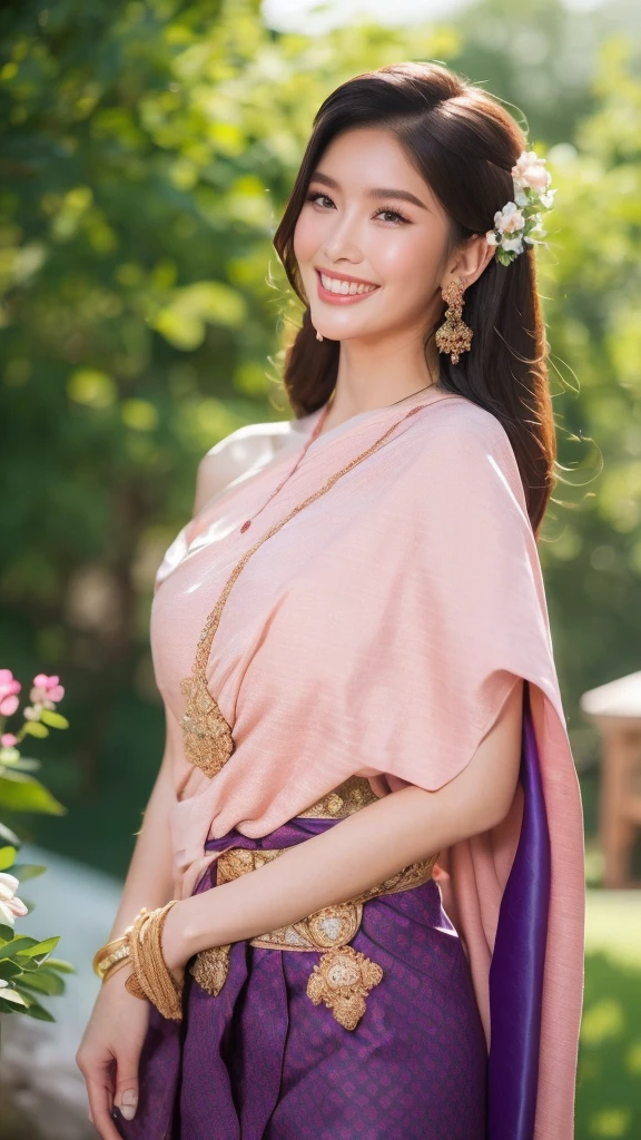best quality : 1 woman , Thai girl in traditional Thai dress, bright pink and purple, complex pattern, Highly detailed, Beautiful smile,Look up at the audience., beautiful girl&#39;s body,The face is beautiful., Sharp and realistic., big, หน้าอกสวยbigโต, Hip fart, Wear luxurious diamond jewelry.., Pose professionally, colorful flower garden background, staring at the audience, Realistic 8K, UHD, Highly detailed, The surface is textured., Anatomically correct, best quality, 16k, UHD