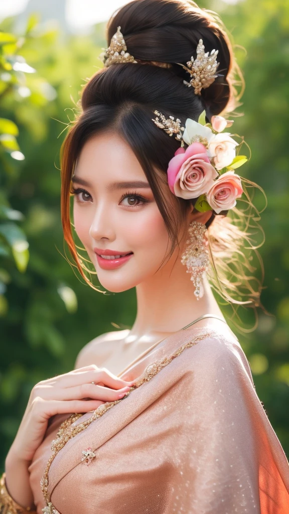 best quality : 1 woman , Thai girl in traditional Thai dress, bright pink and purple, complex pattern, Highly detailed, Beautiful smile,Look up at the audience., beautiful girl's body,The face is beautiful., Sharp and realistic., big, หน้าอกสวยbigโต, Hip fart, Wear luxurious diamond jewelry.., Pose professionally, colorful flower garden background, staring at the audience, Realistic 8K, UHD, Highly detailed, The surface is textured., Anatomically correct, best quality, 16k, UHD