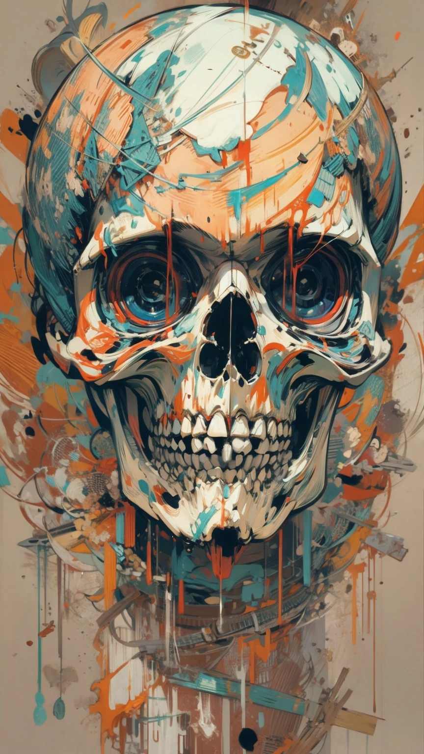 (masterpiece, High resolution, highest quality), Skull with short hair, Structure from head to thighs:1.3, Focus on the upper body, fashionable, abstract design, artistic juxtapositions, mixed-media approach, Anime Style, Simple lines, Digital Painting,