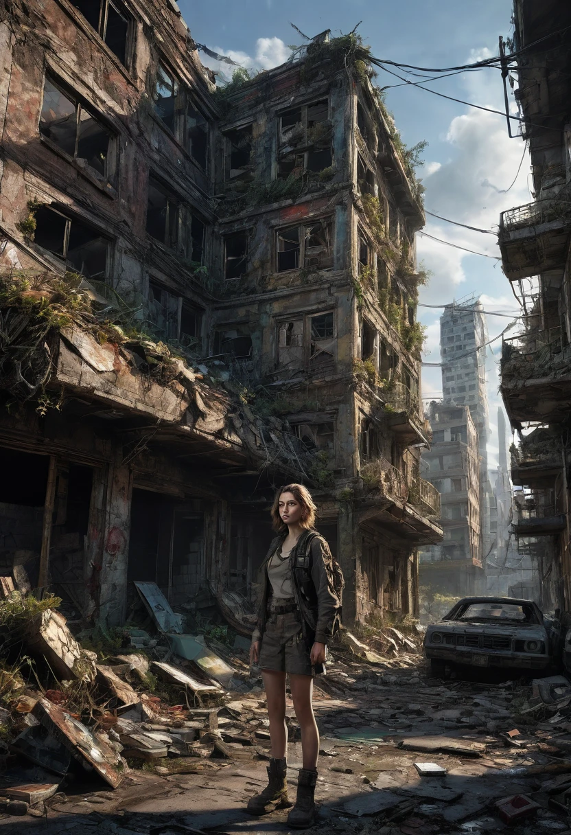 1girl, Post-Apocalyptic Wasteland, Craft a photorealistic, darkly-colored post-apocalyptic depiction featuring a nature-reclaimed city, deteriorated buildings, and a ragged but resistant survivor amongst the ruins. With twilight-esque lighting and additional details like debris, graffiti, or mutated plants, present a sense of time's progression. The concept art style should heighten depth, creativity, and emotional connection, emphasizing desolation and survival.