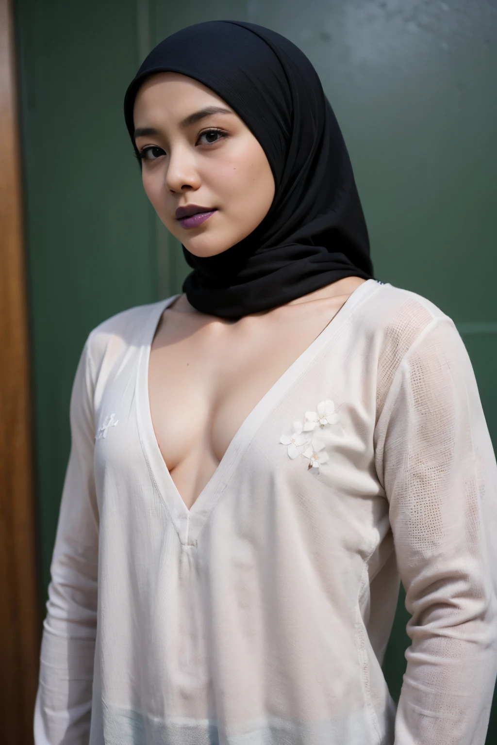 ((flat chest:1.8)), see-through T-shirt, Bodybuilder Naked, (((HIJAB MALAY GIRL))), masutepiece, High quality, UHD 32K, Realistic face, Realistic skin feeling , A Japanese Lady, 8 , , Very cute and baby-like face, (((FLAT CHEST))), (MATRIX WORLD), ((look In front at the camera and SADNESS)), ((())), (((CUTE GIRL))), ((BLUE LIPS)), ((Floral Pattern)) little Bodybuilder, lingerie