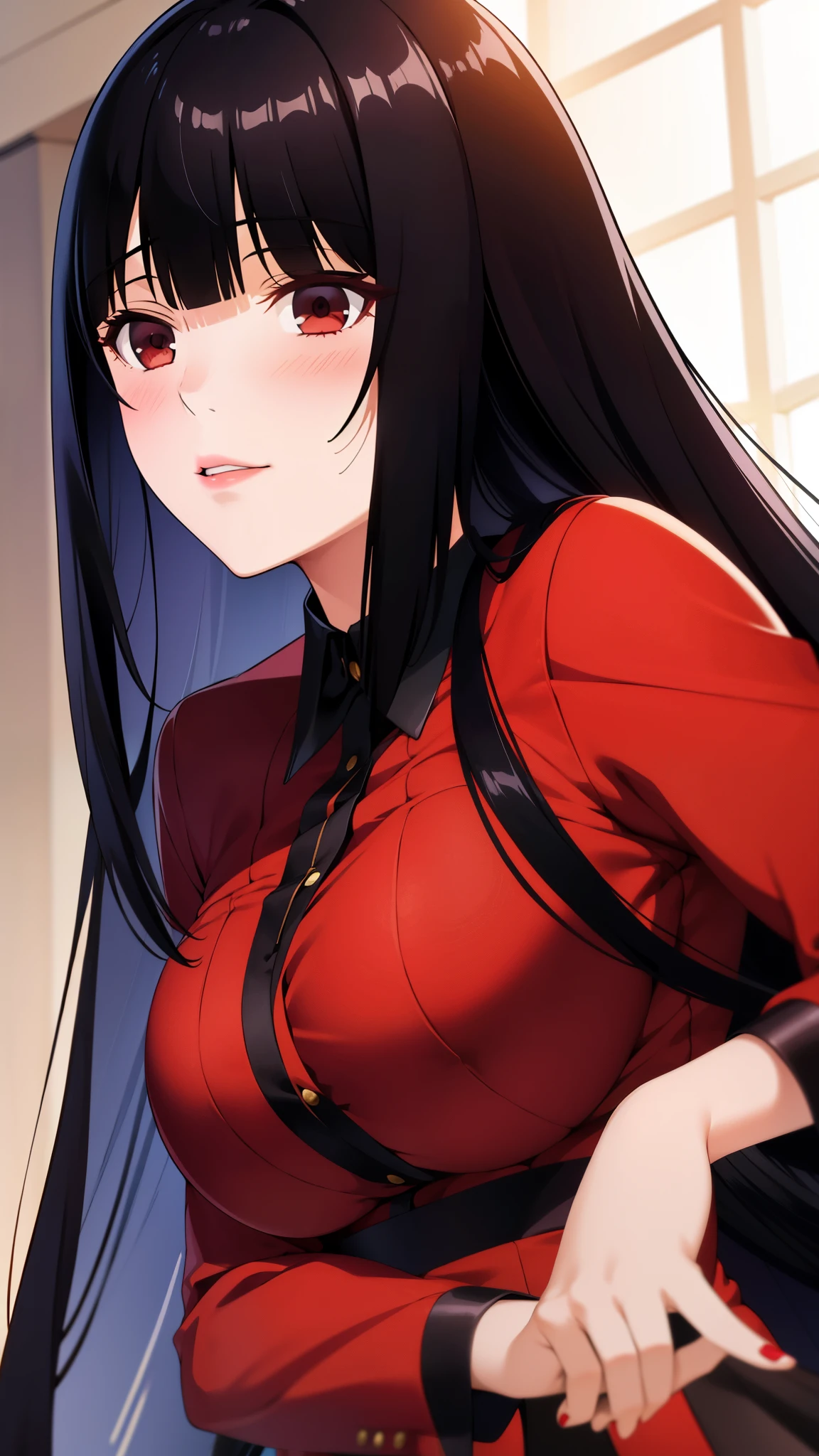 masterpiece, best quality, 1girl, solo, jabami yumeko, black hair, long hair, blunt bangs, red dress, night,