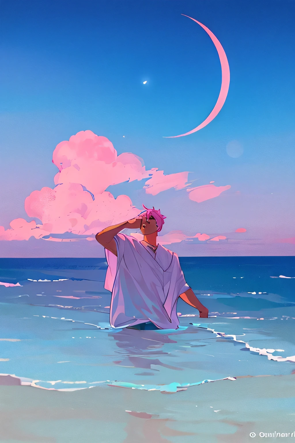 the sky with a pinkish, blue color at dusk, with a crescent moon, and thin clouds, sea on the bottom, a man look up at the sky