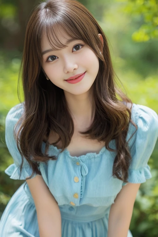 Realistic photo quality、Close up portrait of woman with long brown hair, Realistic young gravure idol, かわいらしいsmile, Cute beautiful face, Semi-long hair、Light blue frilled dress、the button2Remove、Slightly larger breasts、I can see her cleavage、mini skirt、Natural look、gentle expression、smile、looking at the camera: 1.8、in the forest、Shot with a 200mm lens、The background is blurred grass and trees、Completely blur the background