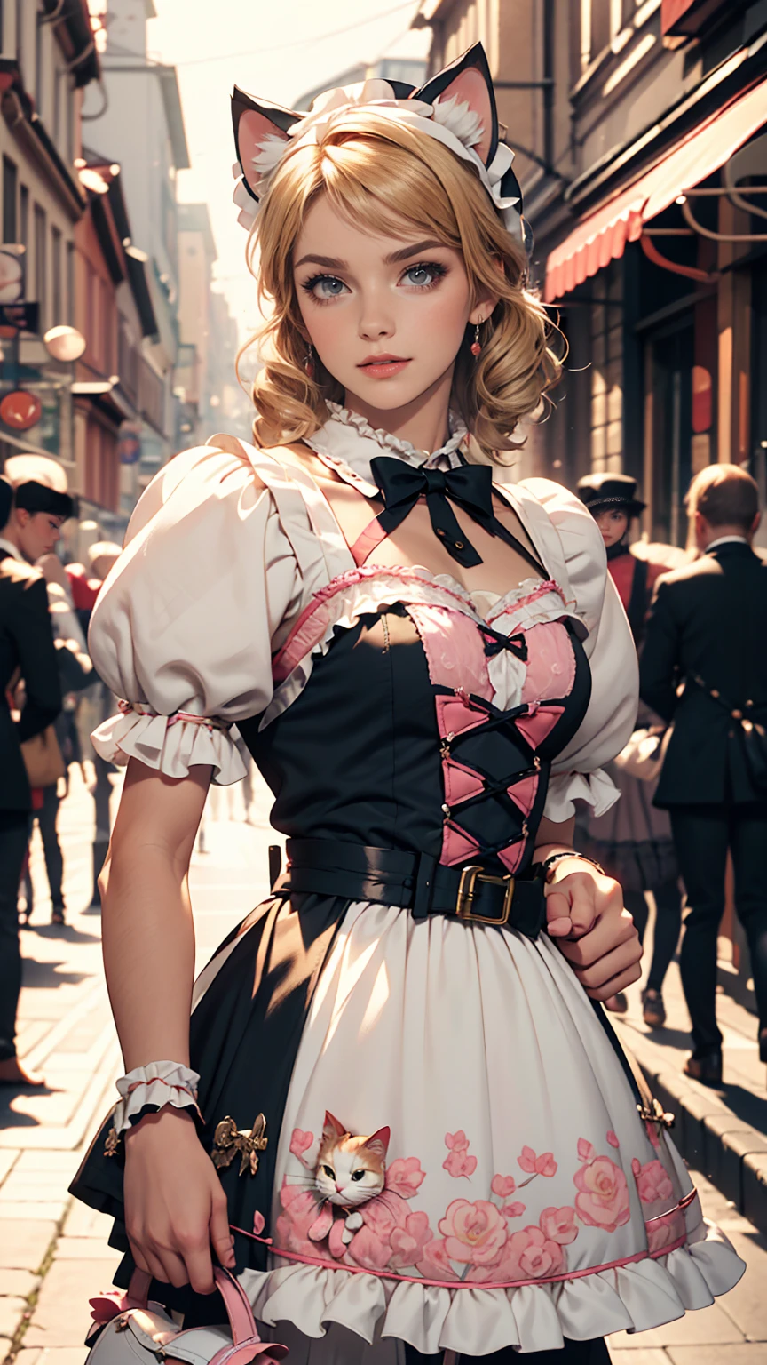 Amazing details, 8K Photos, Hyperrealism, professional lights, Realistic Background, Visual depth, Background blur, Wide-angle lens, whole body, (13 years old, cute, change, Flat Chest, Cat ear), One girl, Colored eyes, Blonde, (****ta fashion: 1.5), (race, Frilled shirt, White petticoat, sneakers), (stuffed toy), pink cute backpack, street, fashion