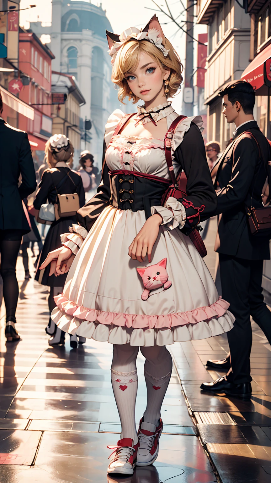 Amazing details, 8K Photos, Hyperrealism, professional lights, Realistic Background, Visual depth, Background blur, Wide-angle lens, whole body, (, cute, change, Flat Chest, Cat ear), One girl, Colored eyes, Blonde, (Lolita fashion: 1.5), (race, Frilled shirt, White petticoat, sneakers), (stuffed toy), pink cute backpack, street, fashion
