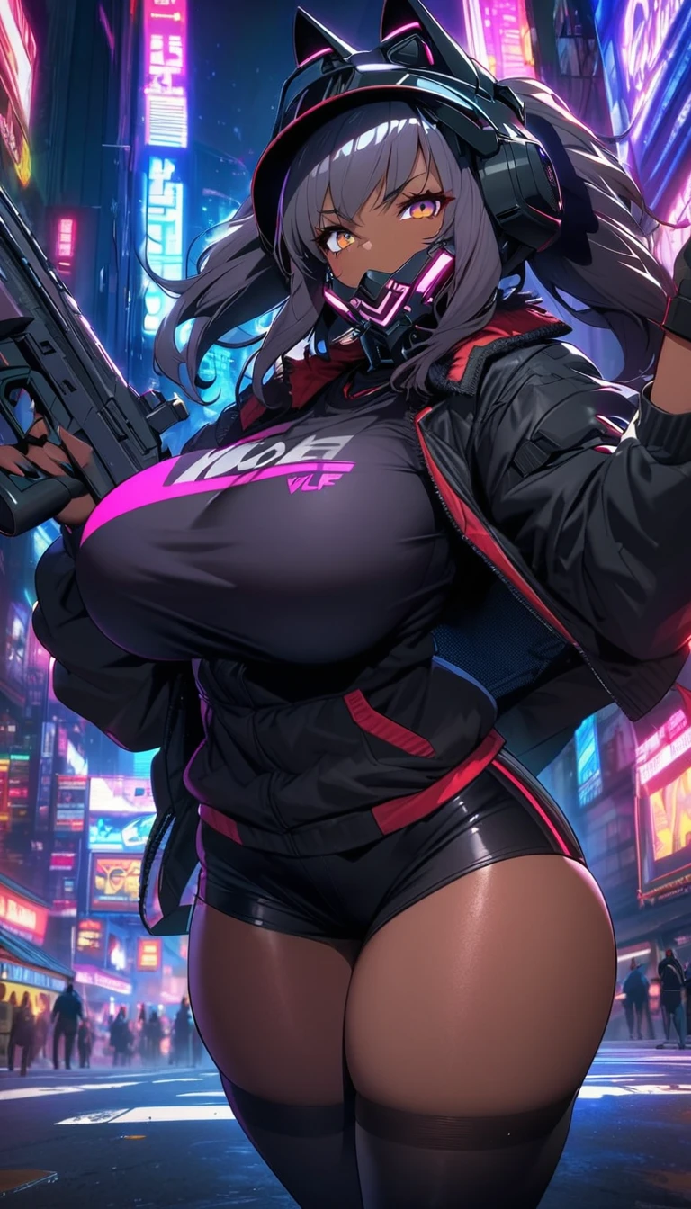 Cyberpunk High Tech Tactical Werewolf Mask Helmet Steel Wolf Clawsl dark skin Super huge breasts black sports top Cyberpunk black tights black jacket High-tech gun sci-fi city full-body shot Mature woman