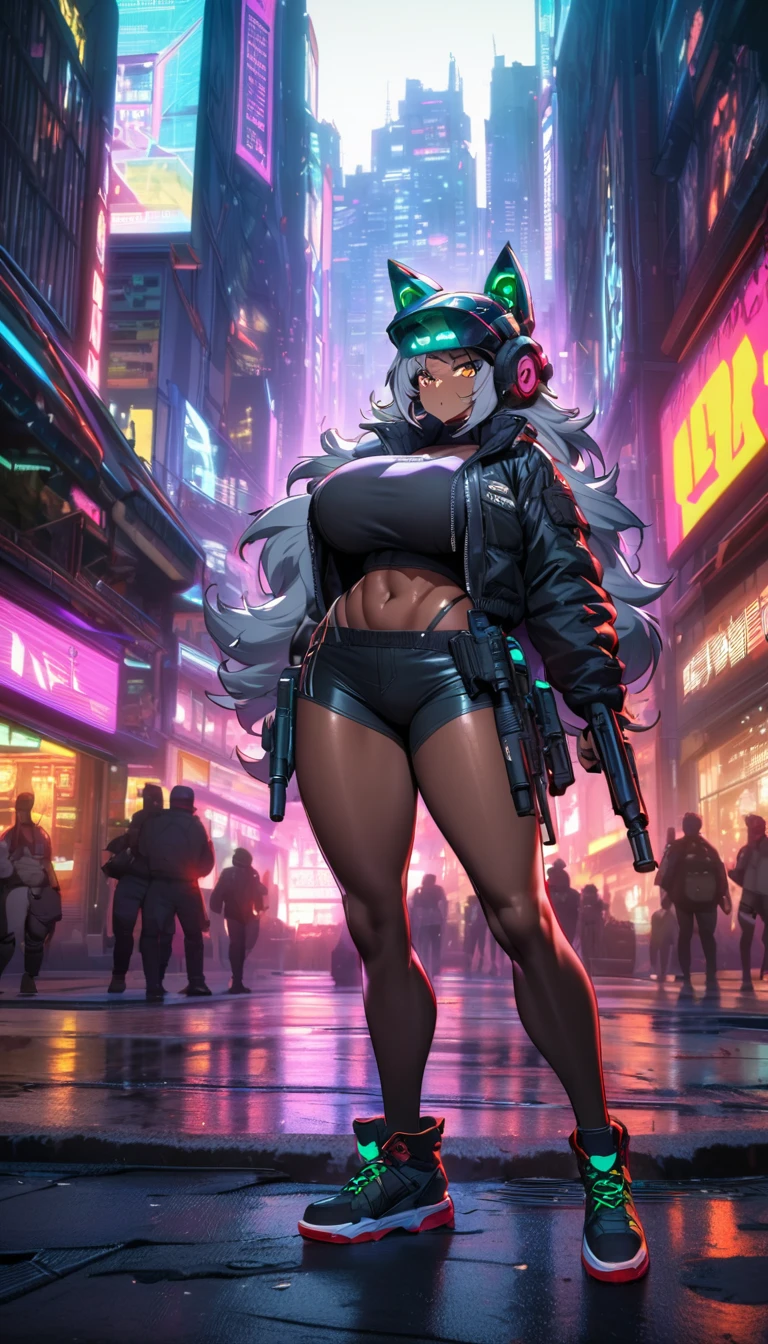 Cyberpunk High Tech Tactical Werewolf Mask Helmet Steel Wolf Clawsl dark skin Super huge breasts black sports top Cyberpunk black tights black jacket High-tech gun sci-fi city full-body shot Mature woman