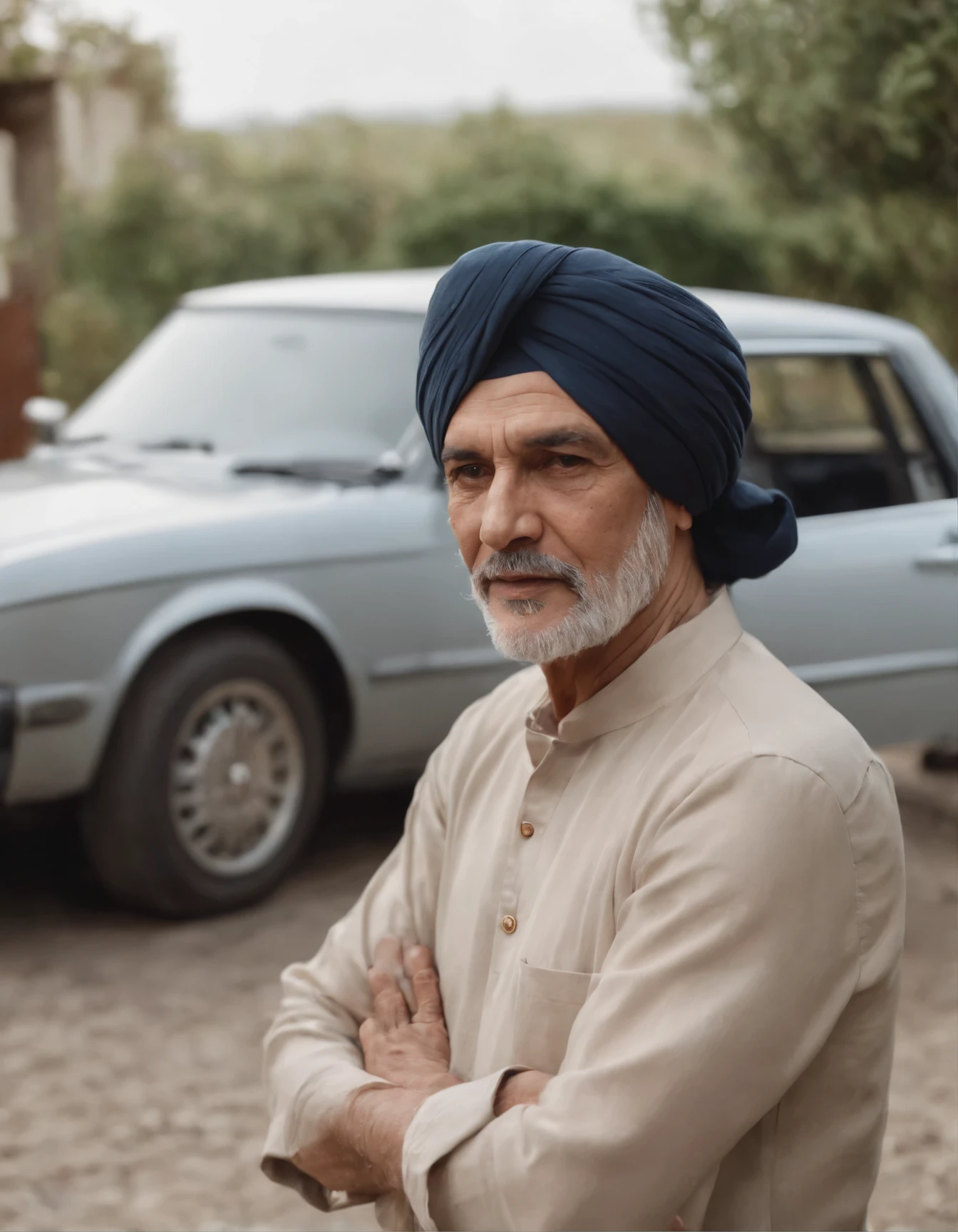 A man whose age is around 68 wearing a turban stands near his car in his house, style is moody and tranquil scene, social media portrait, detailed portrait, (upper body)