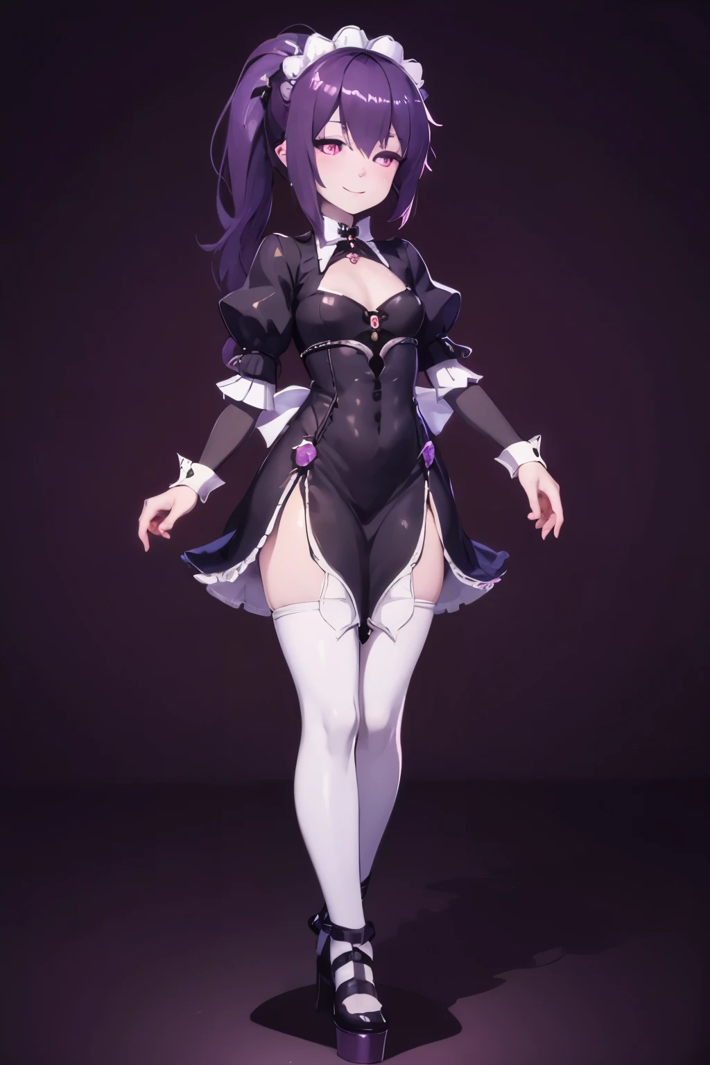 ((best quality)), ((masterpiece)), (detailed), perfect face, purple hair, black two tone hair, high ponytail, glowing purple eyes, dark background, maid dress, (flat_chest:0.7), (thighs:0.4), dark atmosphere, seductive smile, (short_height:1.8), (child_like:1.6)