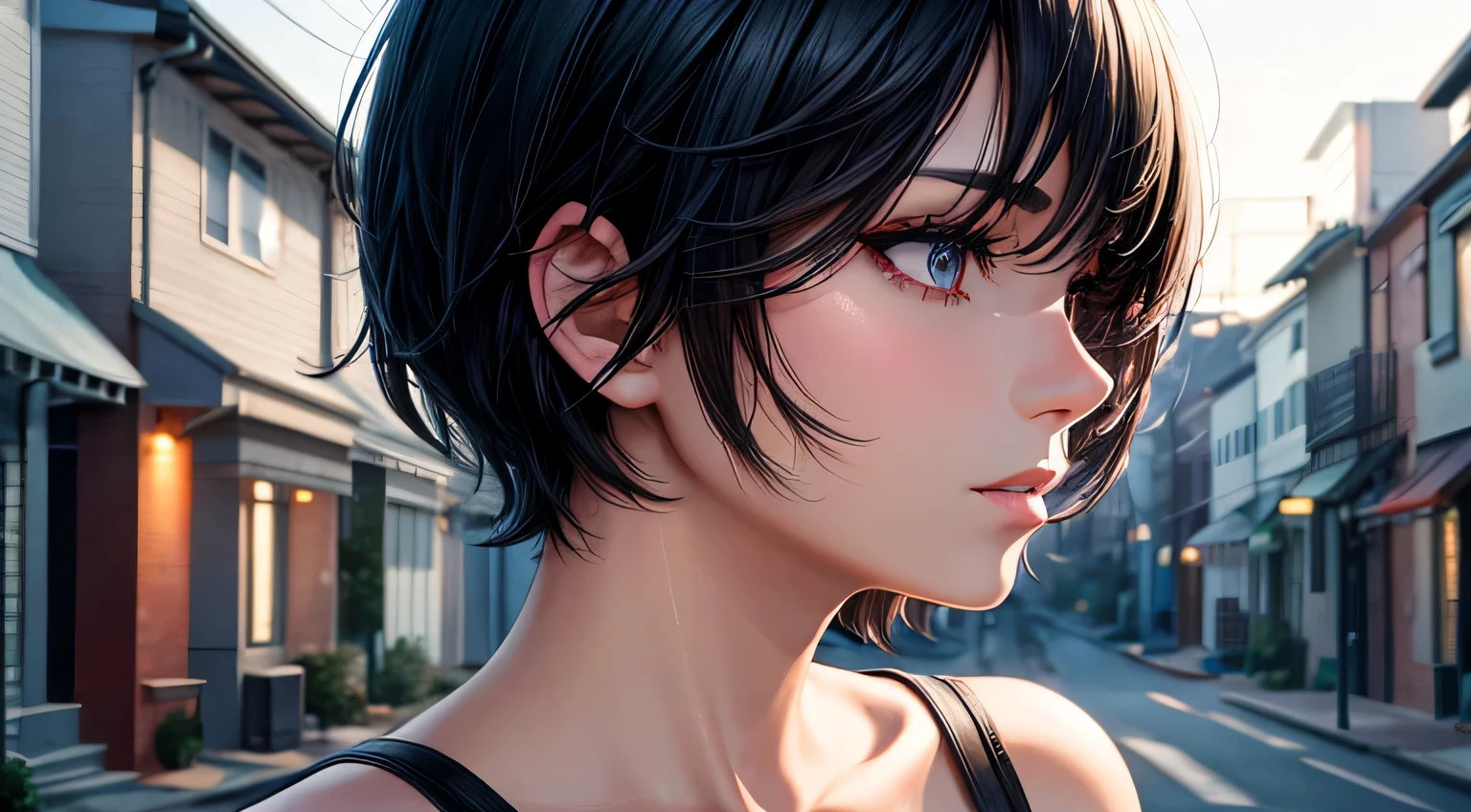 woman profile Black Hair short hair midnight Residential Street Detailed facial expression depiction Detailed facial depiction Detailed eye depiction Detailed hair depiction Detailed depiction of clothing midnight Residential Street midnight Residential Street