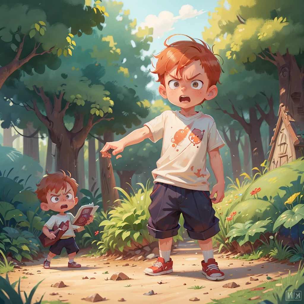 A six year old boy, ginger hair, very angry expression, on beautiful playground, detailed face, ultra high definition , standing, full body, illustration book, one boy only, angry face