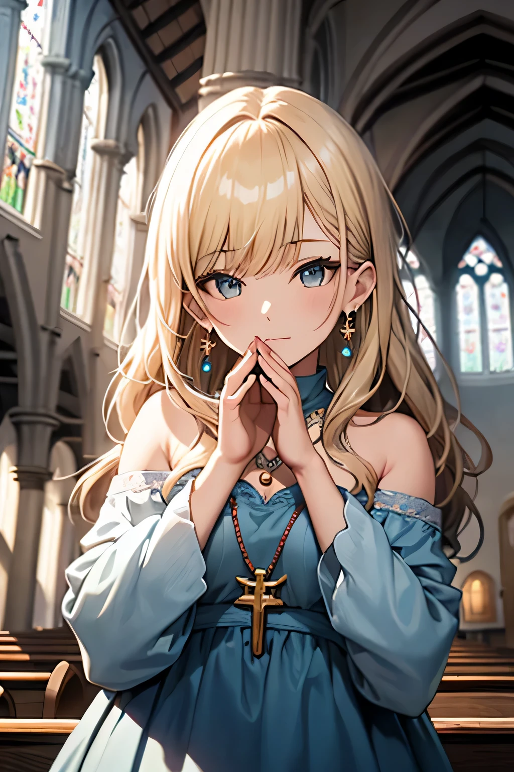 ((highest quality)), ((masterpiece)), (detailed), Perfect Face、church、Pray with Folded Hands、blonde、Straight Hair、Earrings、necklace、Blue Dress、From the left、