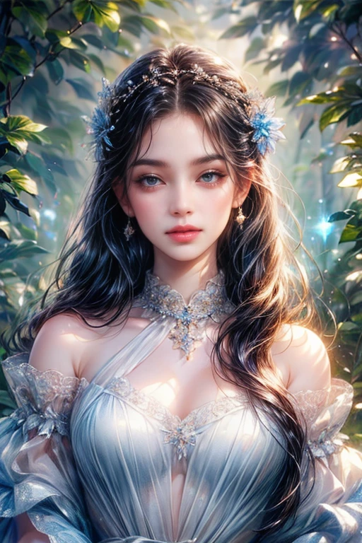 (highest quality, 8k, CG, Upper body details, girl, Floral Dress, Forest Background, Detailed facial features, Elegant long black hair, Almond blue eyes, Detailed eye makeup, Long, fluttering eyelashes, Blinking eyes, Twinkling Star, Intricate lip detail, Soft and harmonious style)
