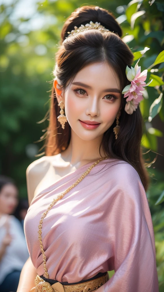 best quality : 1 woman , Thai girl in traditional Thai dress, bright pink and purple, complex pattern, Highly detailed, Beautiful smile,Look up at the audience., beautiful girl's body,The face is beautiful., Sharp and realistic., big, หน้าอกสวยbigโต, Hip fart, Wear luxurious diamond jewelry.., Pose professionally, colorful flower garden background, staring at the audience, Realistic 8K, UHD, Highly detailed, The surface is textured., Anatomically correct, best quality, 16k, UHD