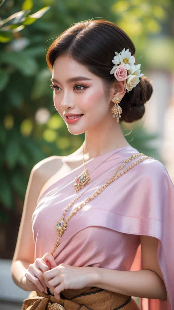 best quality : 1 woman , Thai girl in traditional Thai dress, bright pink and purple, complex pattern, Highly detailed, Beautiful smile,Look up at the audience., beautiful girl's body,The face is beautiful., Sharp and realistic., big, หน้าอกสวยbigโต, Hip fart, Wear luxurious diamond jewelry.., Pose professionally, colorful flower garden background, staring at the audience, Realistic 8K, UHD, Highly detailed, The surface is textured., Anatomically correct, best quality, 16k, UHD
