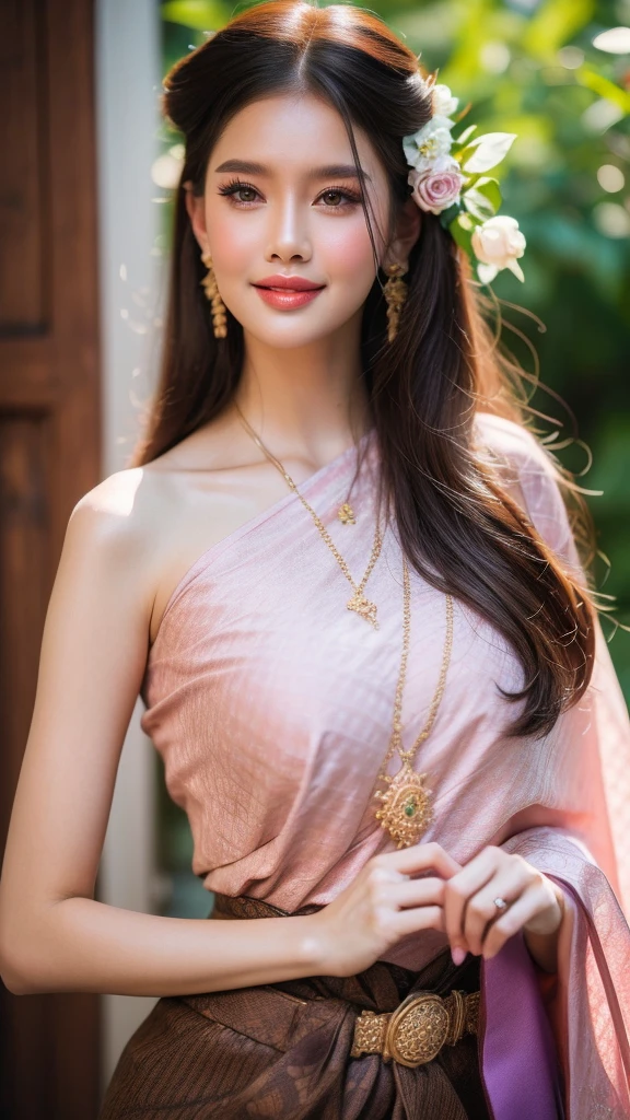 best quality : 1 woman , Thai girl in traditional Thai dress, bright pink and purple, complex pattern, Highly detailed, Beautiful smile,Look up at the audience., beautiful girl's body,The face is beautiful., Sharp and realistic., big, หน้าอกสวยbigโต, Hip fart, Wear luxurious diamond jewelry.., Pose professionally, colorful flower garden background, staring at the audience, Realistic 8K, UHD, Highly detailed, The surface is textured., Anatomically correct, best quality, 16k, UHD