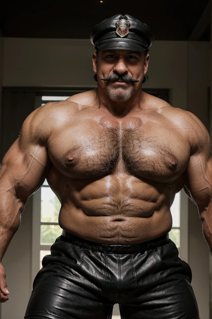 A very oiled shirtless full body bodybuilder smiling bald sweaty old man with big handlebar mustaches and a black leather police cap on his head extremely muscular and extremely fat over 70 years old weighs over 600 pounds very muscular very hairy big pecs with gynecomastia Big pointed and dark nipples wearing black leather shorts